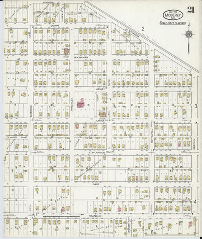 Sanborn Fire Insurance Map from Moberly, Randolph County, Missouri (1916), Sheet #0021 - Historic Sanborn Fire Insurance Map Print, vintage old map wall art, antique decor, genealogy gift, Missouri Missouri map