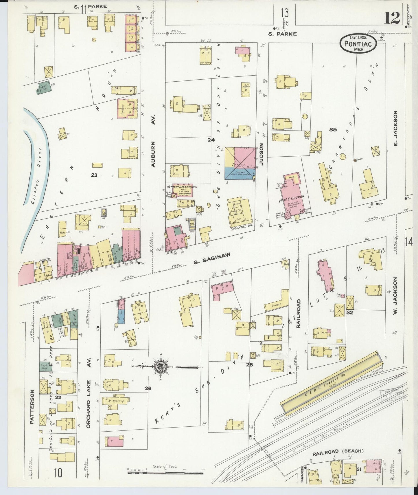 Sanborn Fire Insurance Map from Pontiac, Oakland County, Michigan (1909), Sheet #0012 - Complete Map Set gallery image, historic Sanborn map, vintage wall art, Michigan Michigan