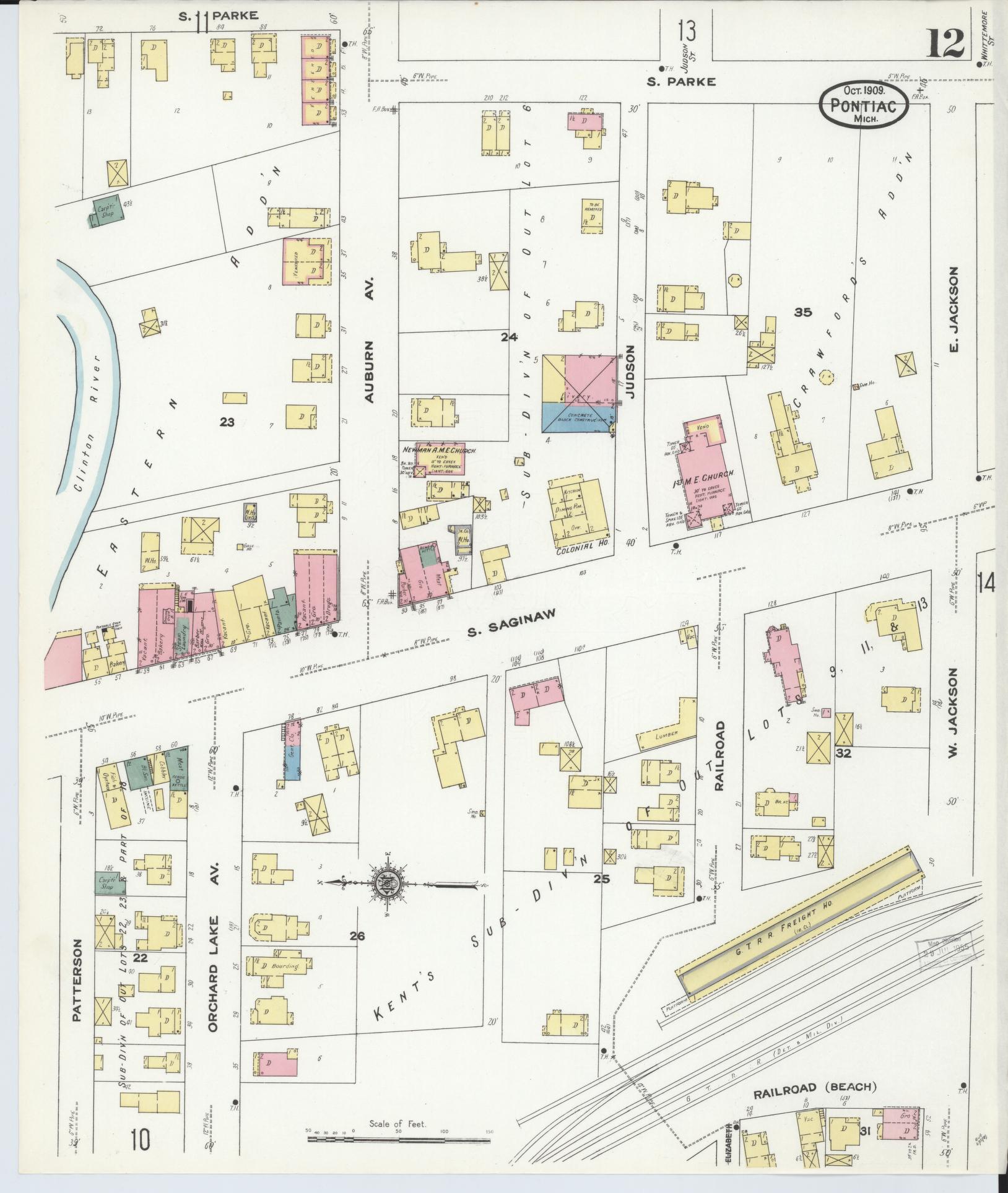 Sanborn Fire Insurance Map from Pontiac, Oakland County, Michigan (1909), Sheet #0012 - Complete Map Set gallery image, historic Sanborn map, vintage wall art, Michigan Michigan