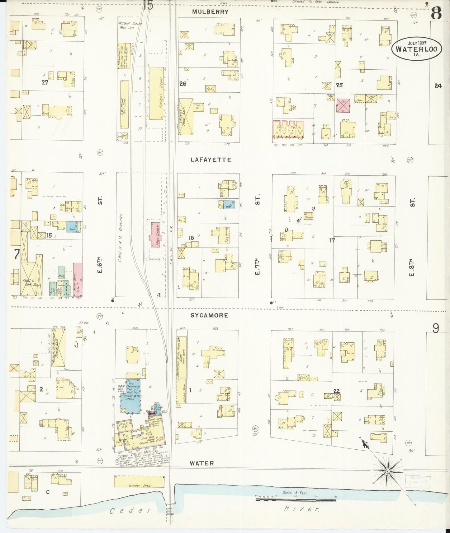 Sanborn Fire Insurance Map from Waterloo, Black Hawk County, Iowa (1897), Sheet #0008 - Historic Sanborn Fire Insurance Map Print, vintage old map wall art