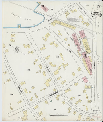 Sanborn Fire Insurance Map from Gardner, Worcester County, Massachusetts (1889), Sheet #0005 - Historic Sanborn Fire Insurance Map Print, vintage old map wall art, antique decor, genealogy gift, Massachusetts Massachusetts map