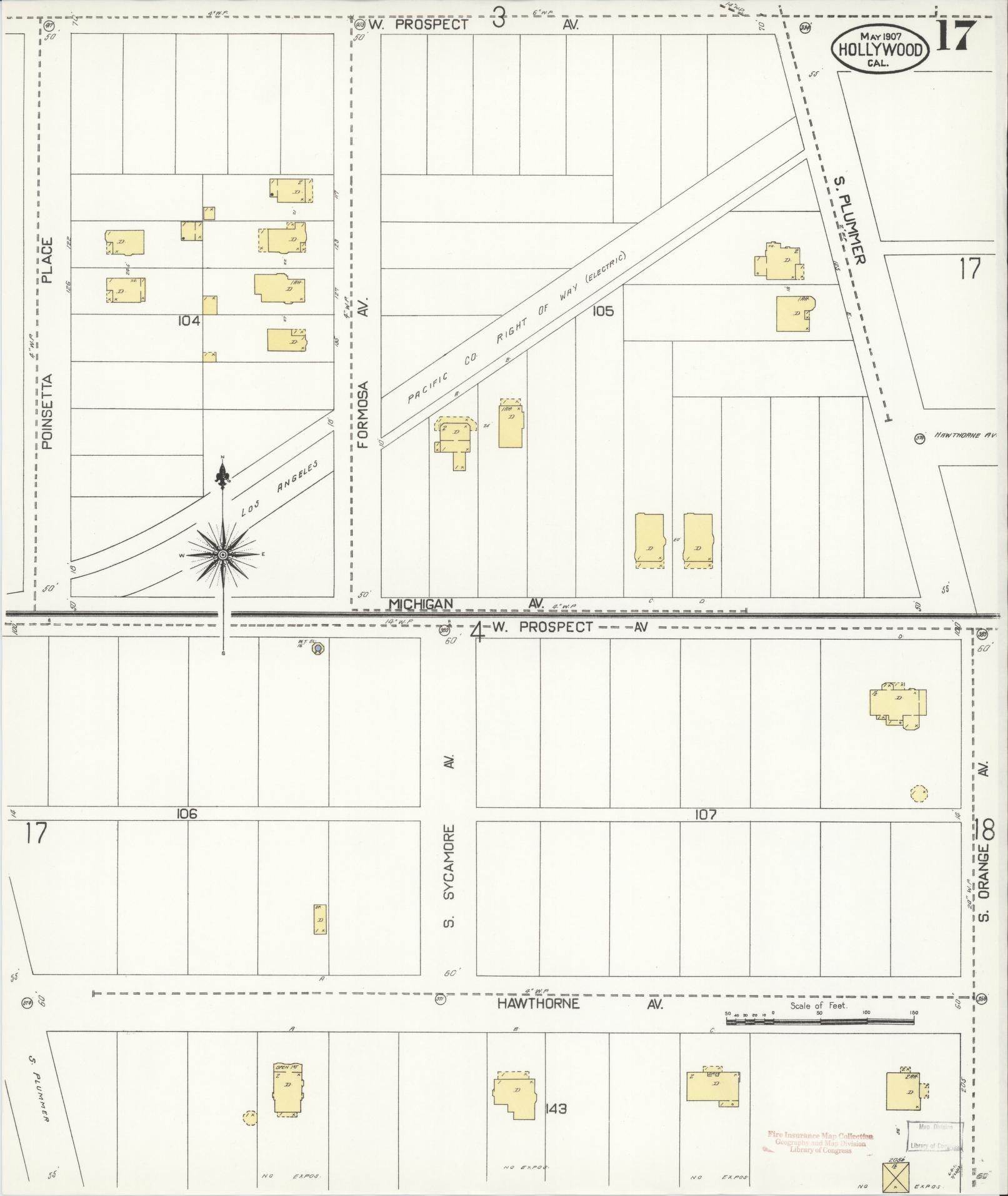 Sanborn Fire Insurance Map from Hollywood, Los Angeles County, California (1907), Sheet #0017 - Historic Sanborn Fire Insurance Map Print, vintage old map wall art, antique decor, genealogy gift, California California map
