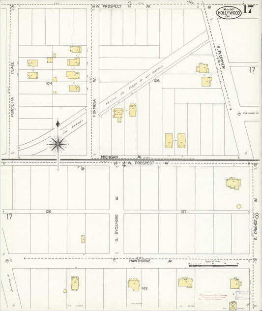 Sanborn Fire Insurance Map from Hollywood, Los Angeles County, California (1907), Sheet #0017 - Historic Sanborn Fire Insurance Map Print, vintage old map wall art, antique decor, genealogy gift, California California map