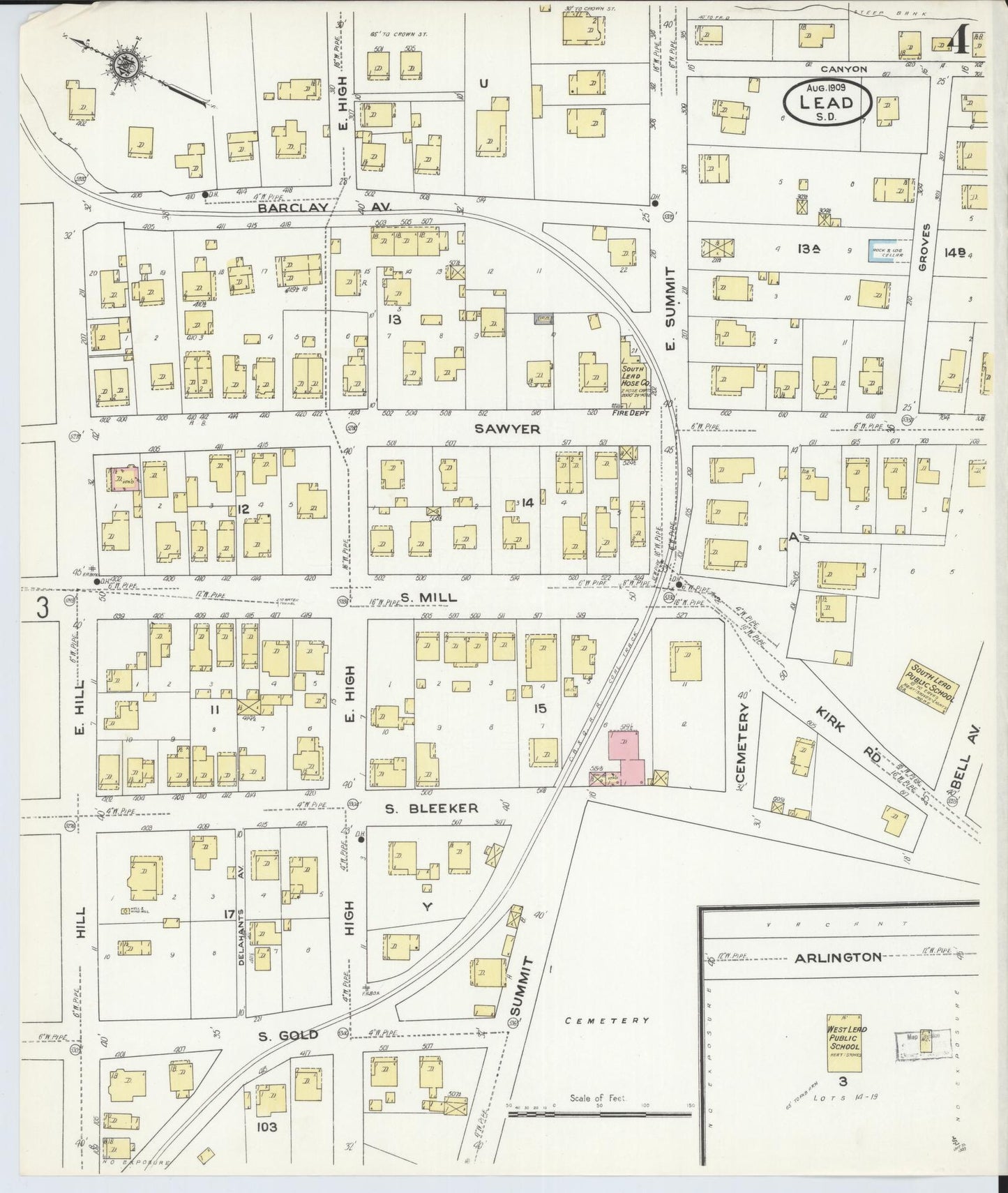 Sanborn Fire Insurance Map from Lead, Lawrence County, South Dakota (1909), Sheet #0004 - Historic Sanborn Fire Insurance Map Print, vintage old map wall art, antique decor, genealogy gift, South Dakota South Dakota map