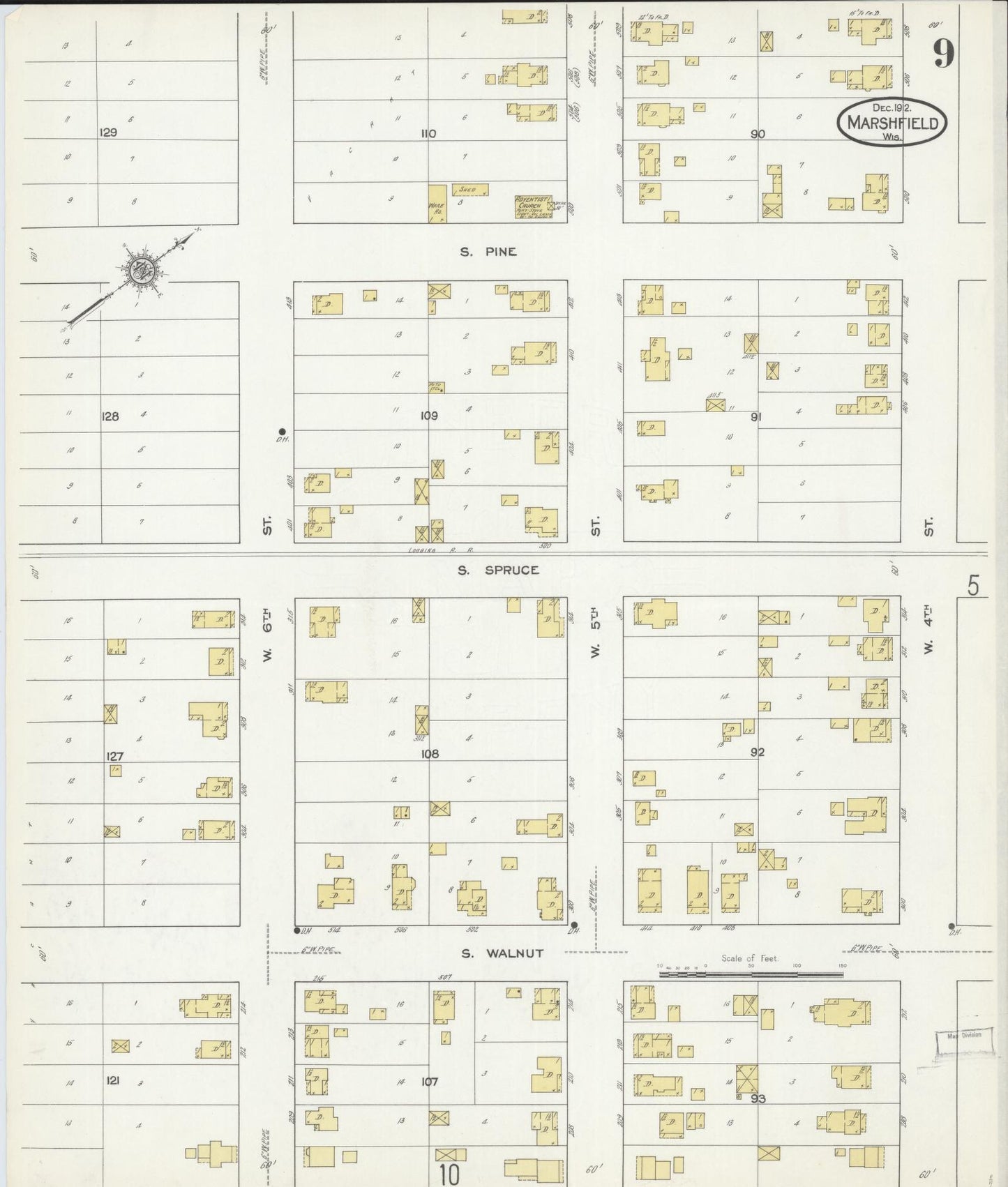 Sanborn Fire Insurance Map from Marshfield, Wood County, Wisconsin (1912), Sheet #0009 - Historic Sanborn Fire Insurance Map Print, vintage old map wall art, antique decor, genealogy gift, Wisconsin Wisconsin map