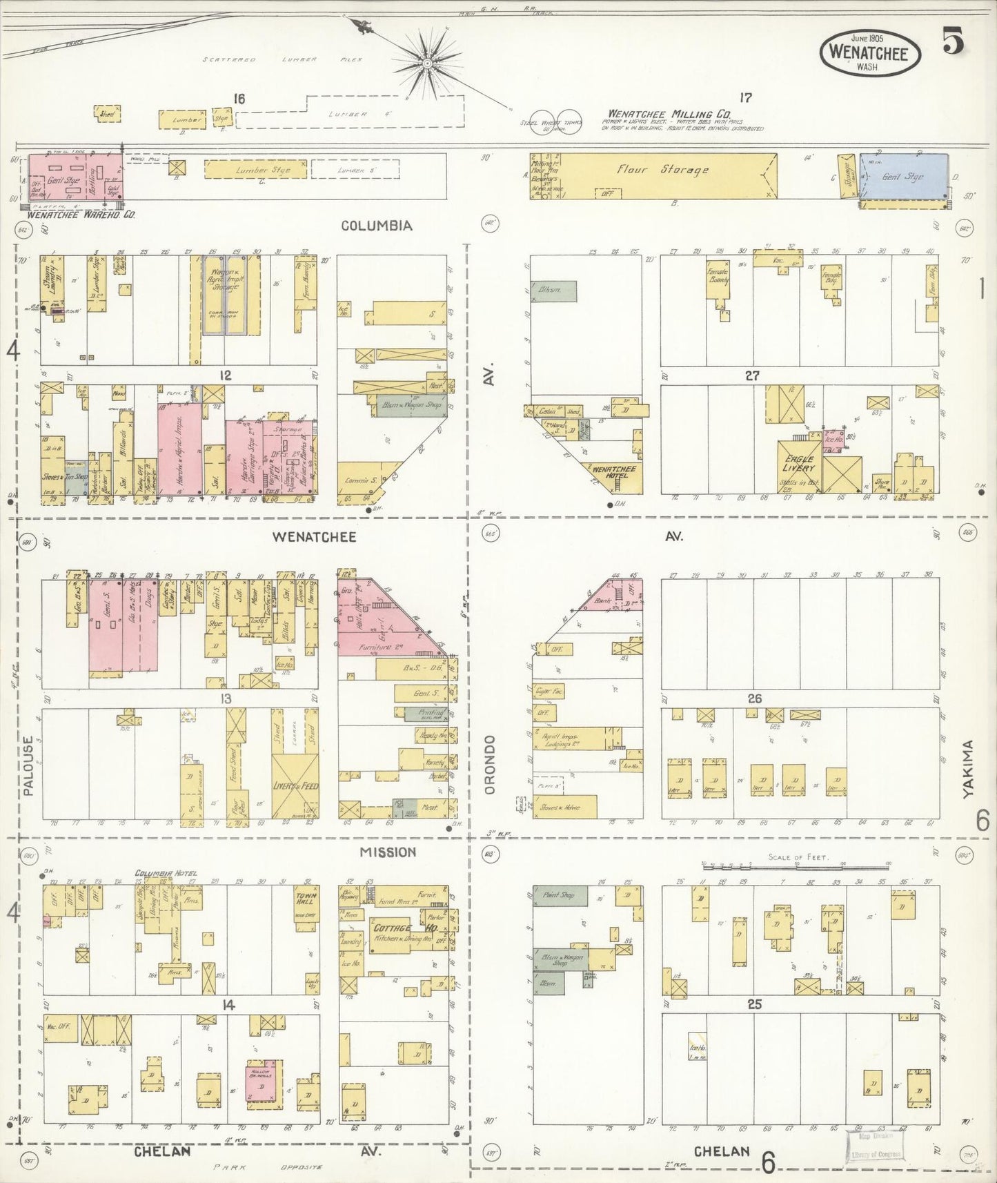 Sanborn Fire Insurance Map from Wenatchee, Chelan County, Washington (1905), Sheet #0005 - Complete Map Set gallery image, historic Sanborn map, vintage wall art, Washington Washington
