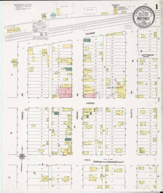 Sanborn Fire Insurance Map from Hastings, Mills County, Iowa (1909), Sheet #0001 - Historic Sanborn Fire Insurance Map Print, vintage old map wall art