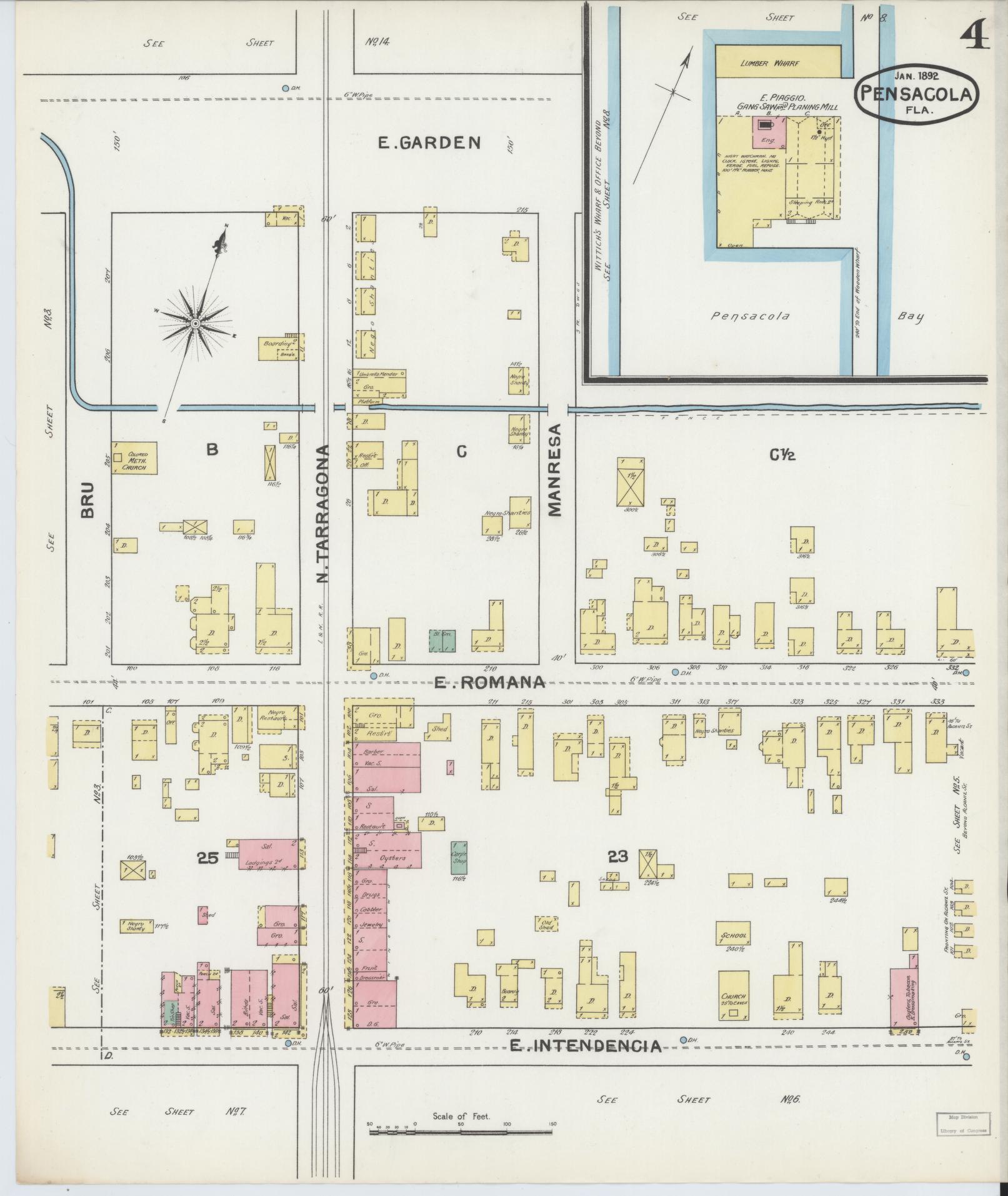 Sanborn Fire Insurance Map from Pensacola, Escambia County, Florida (1892), Sheet #0004 - Complete Map Set gallery image, historic Sanborn map, vintage wall art, Florida Florida
