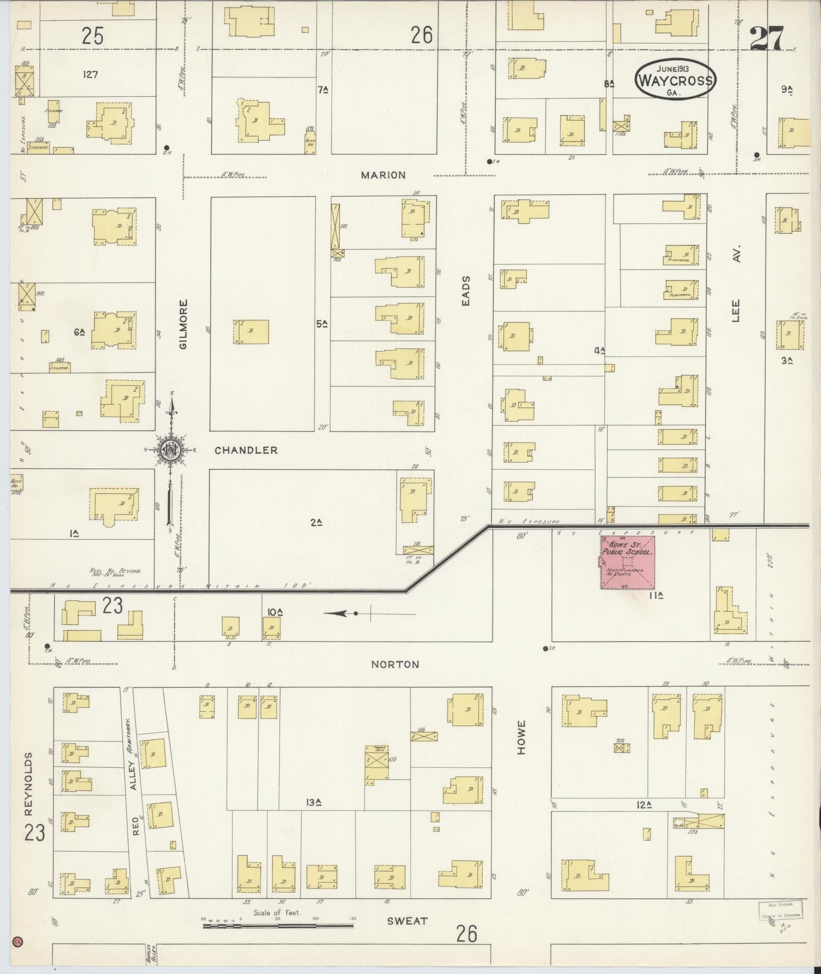 Sanborn Fire Insurance Map from Waycross, Ware County, Georgia (1913), Sheet #0027 - Historic Sanborn Fire Insurance Map Print, vintage old map wall art, antique decor, genealogy gift, Georgia Georgia map
