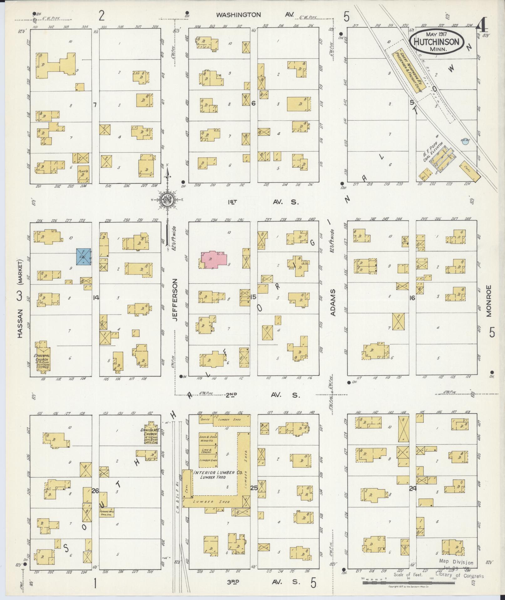 Sanborn Fire Insurance Map from Hutchinson, Mcleod County, Minnesota (1917), Sheet #0004 - Complete Map Set gallery image, historic Sanborn map, vintage wall art, Minnesota Minnesota