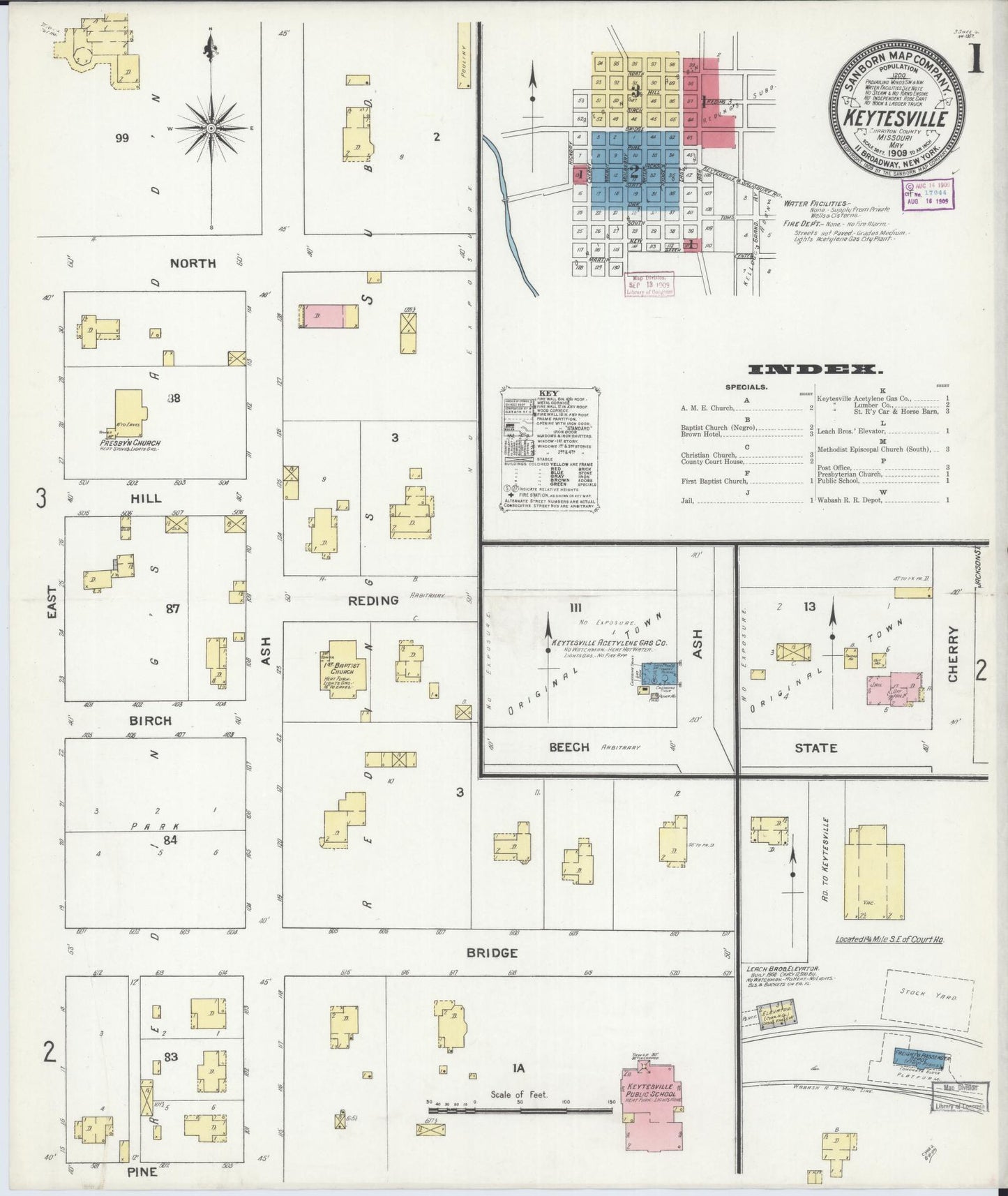 Sanborn Fire Insurance Map from Keytesville, Chariton County, Missouri (1909), Sheet #0001 - Complete Map Set gallery image, historic Sanborn map, vintage wall art, Missouri Missouri