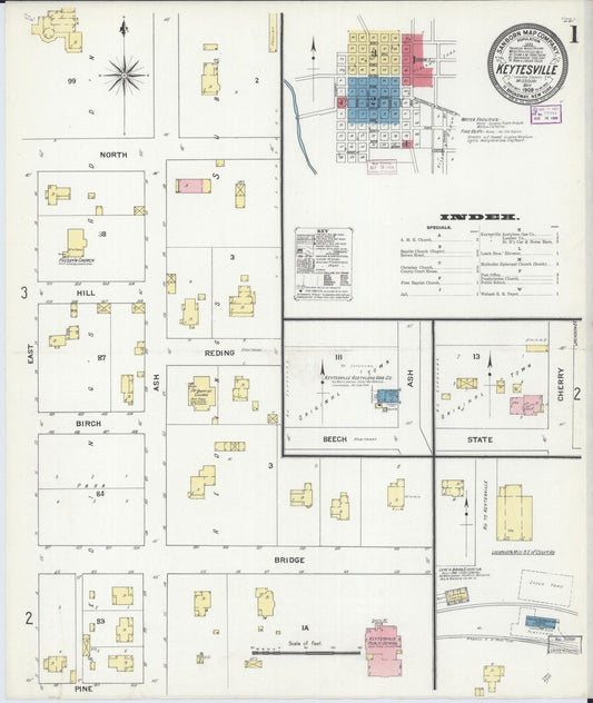 Sanborn Fire Insurance Map from Keytesville, Chariton County, Missouri (1909), Sheet #0001 - Complete Map Set gallery image, historic Sanborn map, vintage wall art, Missouri Missouri