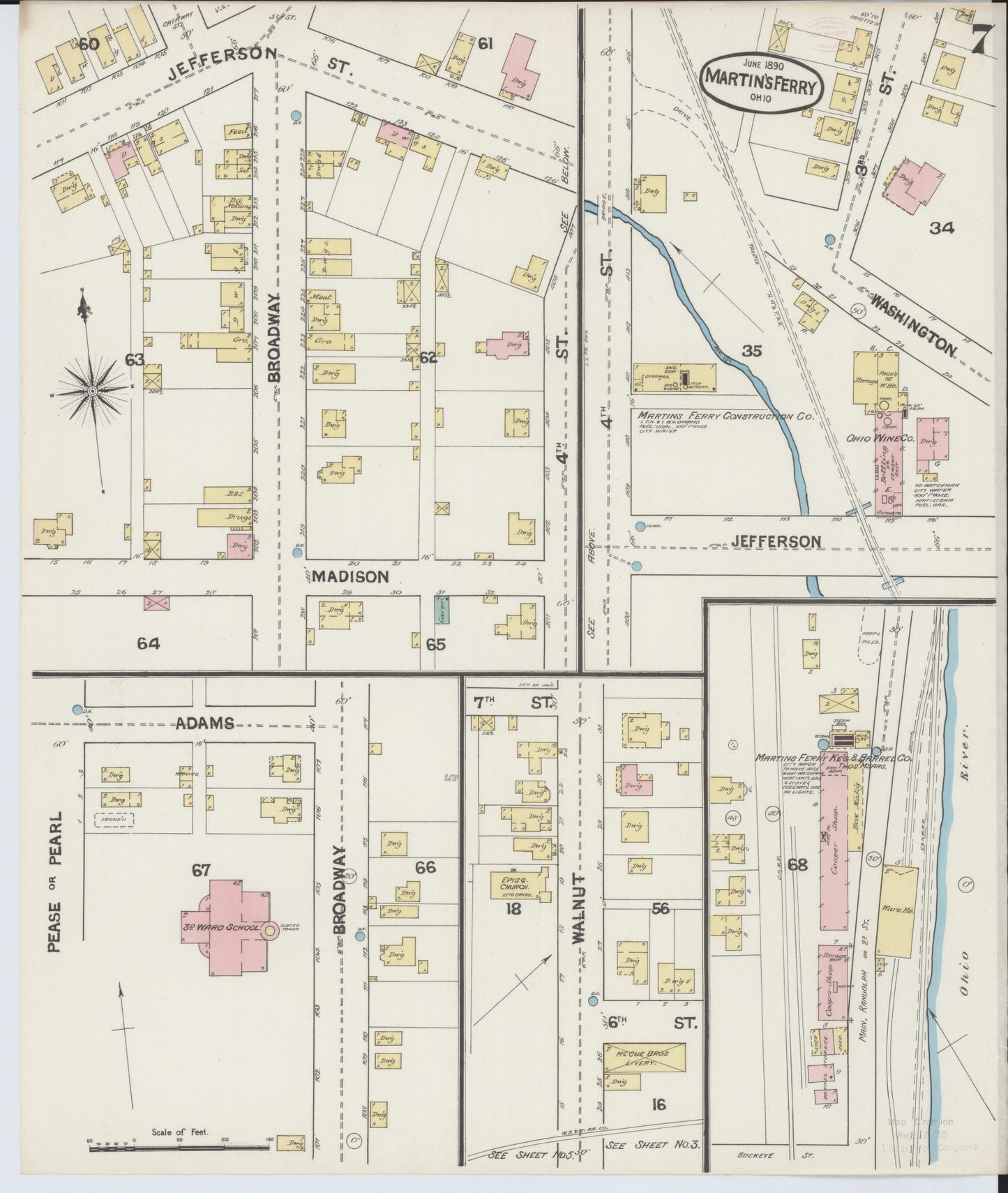 Sanborn Fire Insurance Map from Martins Ferry, Belmont County, Ohio (1890), Sheet #0007 - Historic Sanborn Fire Insurance Map Print, vintage old map wall art, antique decor, genealogy gift, Ohio Ohio map