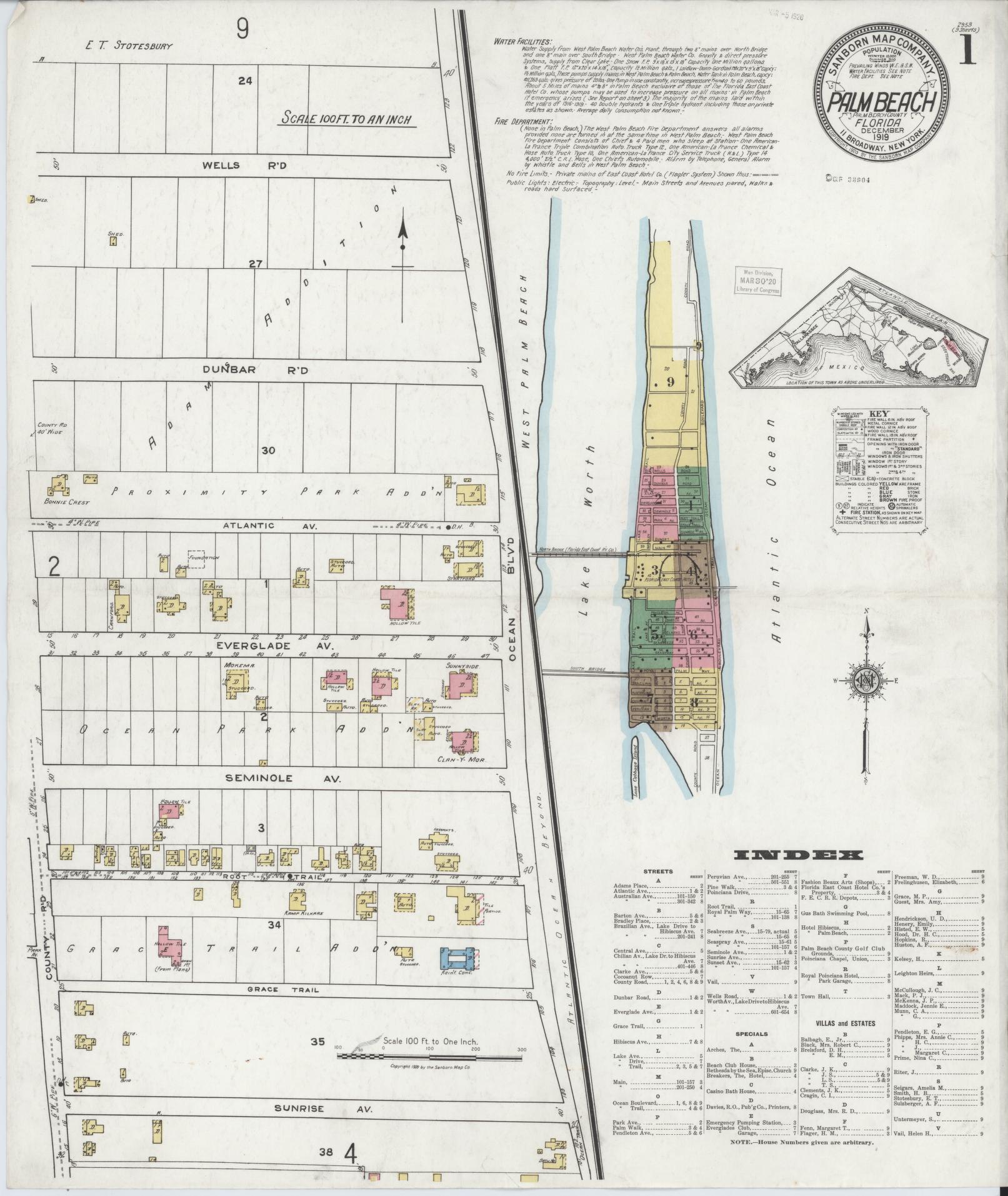 Sanborn Fire Insurance Map from Palm Beach, Palm Beach County, Florida (1919), Sheet #0001 - Complete Map Set gallery image, historic Sanborn map, vintage wall art, Florida Florida