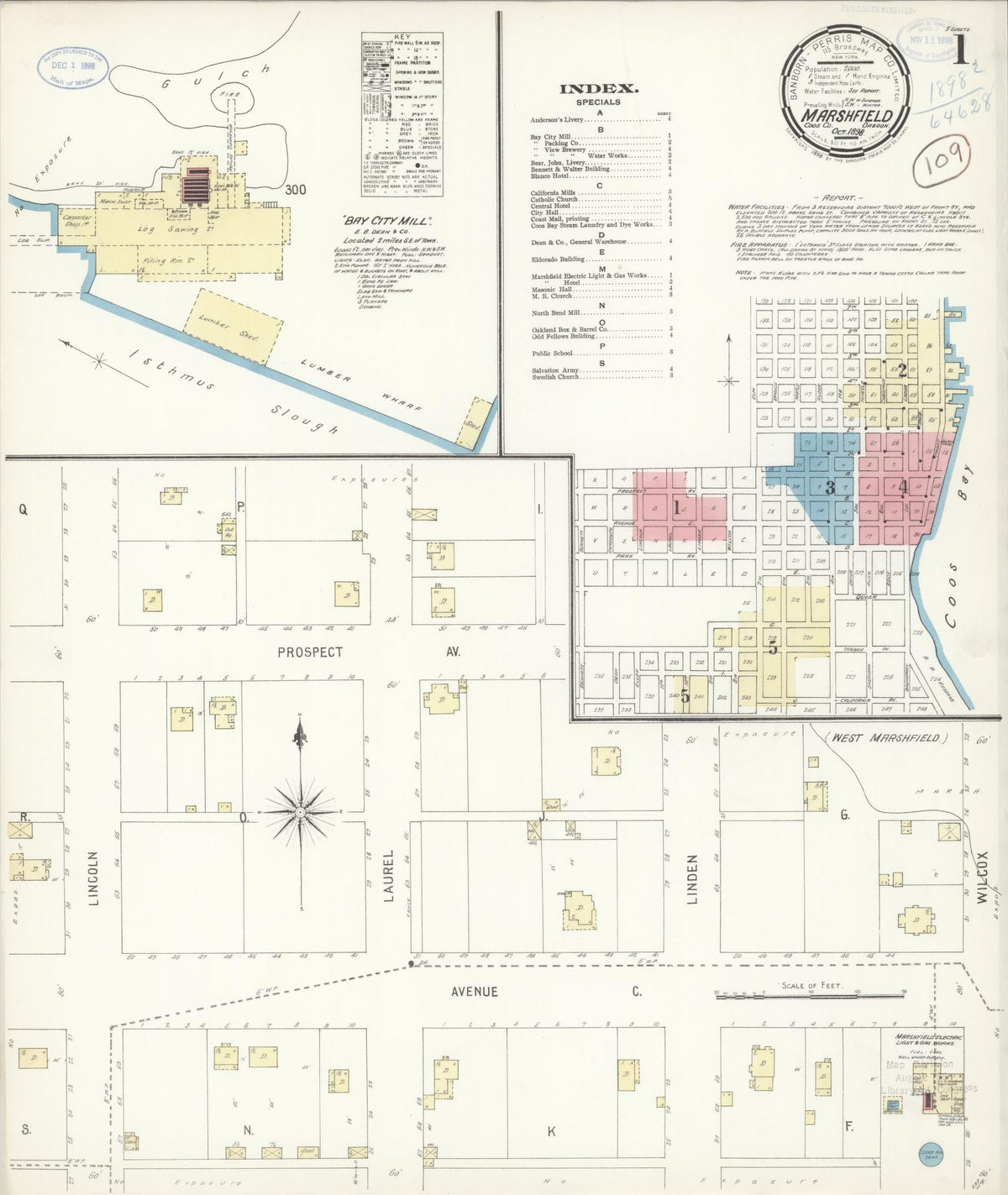 Sanborn Fire Insurance Map from Marshfield, Coos County, Oregon (1898), Sheet #0001 - Historic Sanborn Fire Insurance Map Print, vintage old map wall art, antique decor, genealogy gift, Oregon Oregon map