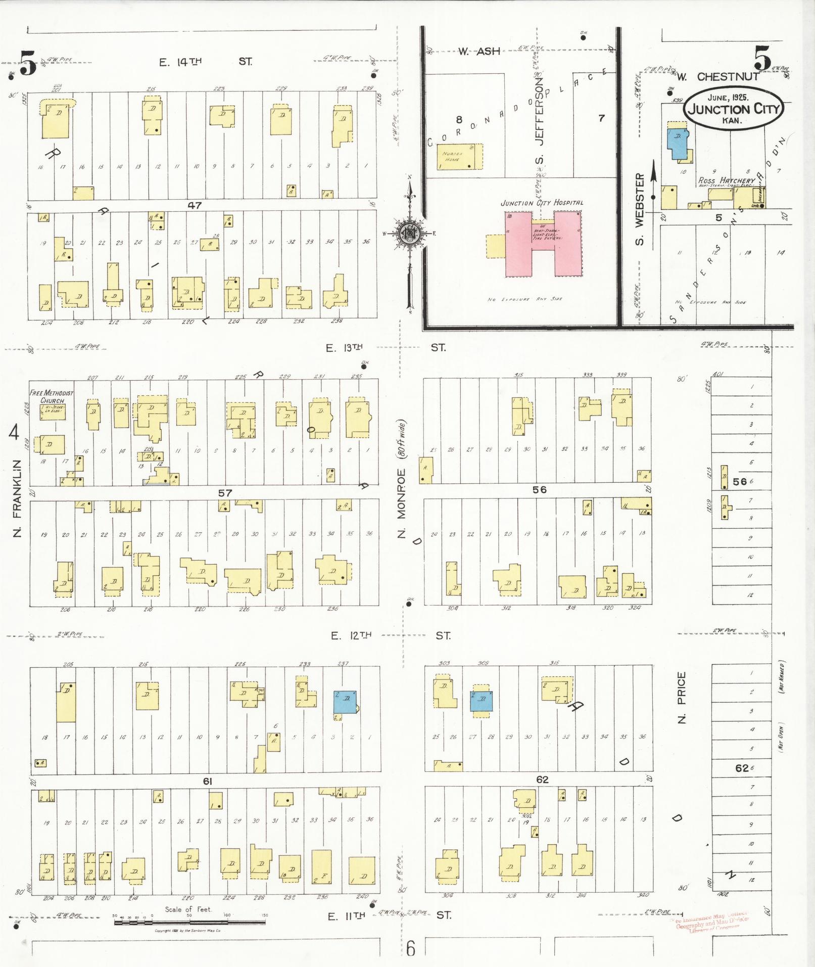Sanborn Fire Insurance Map from Junction City, Geary County, Kansas (1925), Sheet #0005 - Complete Map Set gallery image, historic Sanborn map, vintage wall art, Kansas Kansas