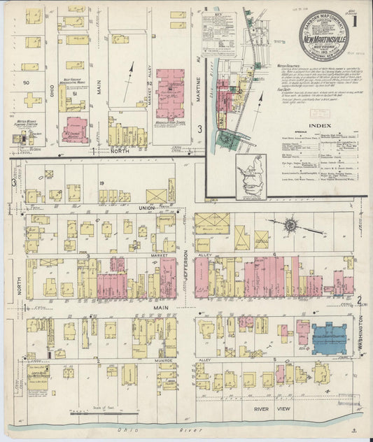 Sanborn Fire Insurance Map from New Martinsville, Wetzel County, West Virginia (1913), Sheet #0001 - Historic Sanborn Fire Insurance Map Print, vintage old map wall art, antique decor, genealogy gift, West Virginia West Virginia map