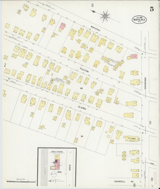 Sanborn Fire Insurance Map from Waverly, Tioga County, New York (1908), Sheet #0005 - Historic Sanborn Fire Insurance Map Print, vintage old map wall art, antique decor, genealogy gift, New York New York map