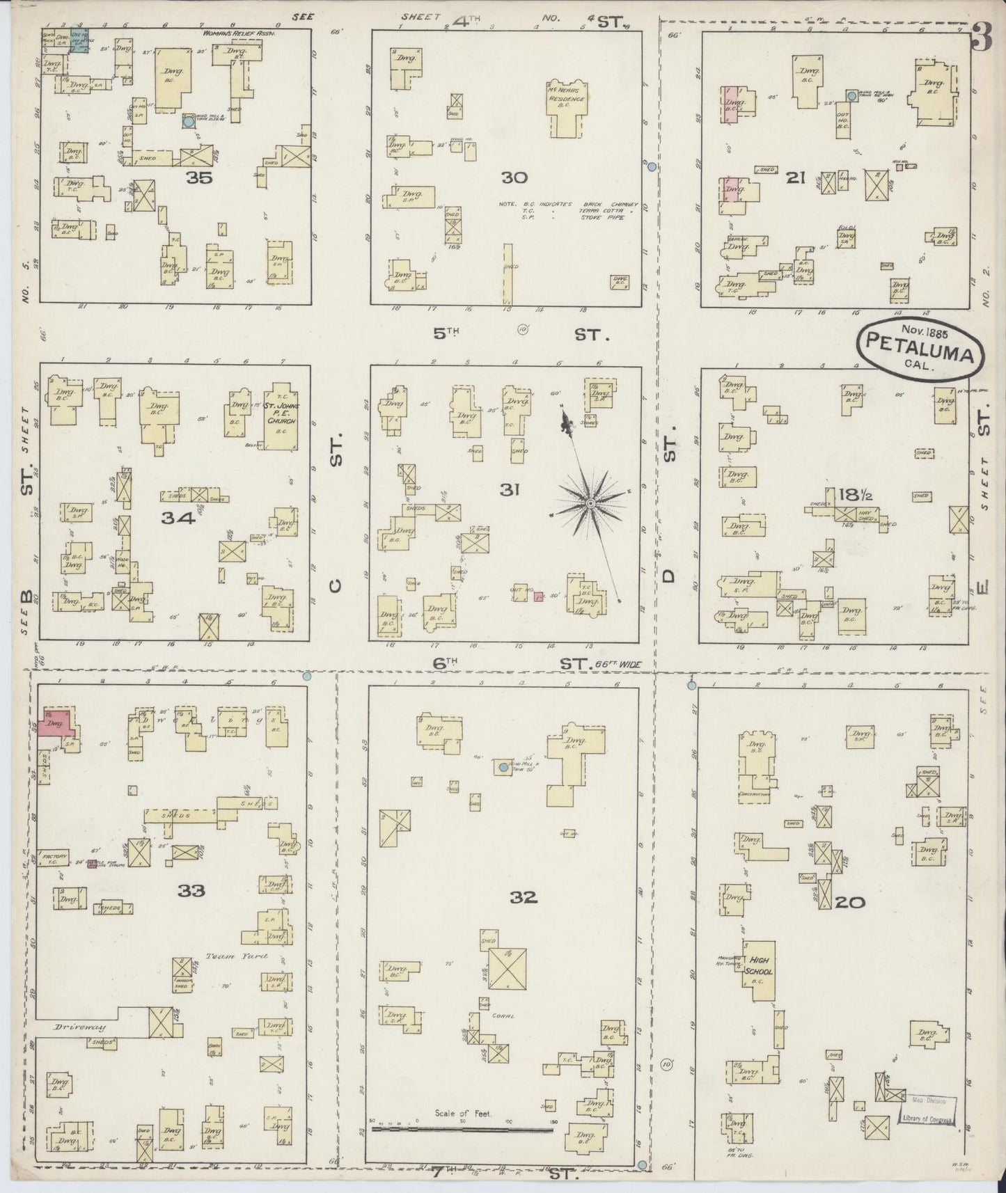 Sanborn Fire Insurance Map from Petaluma, Sonoma County, California (1885), Sheet #0003 - Complete Map Set gallery image, historic Sanborn map, vintage wall art, California California