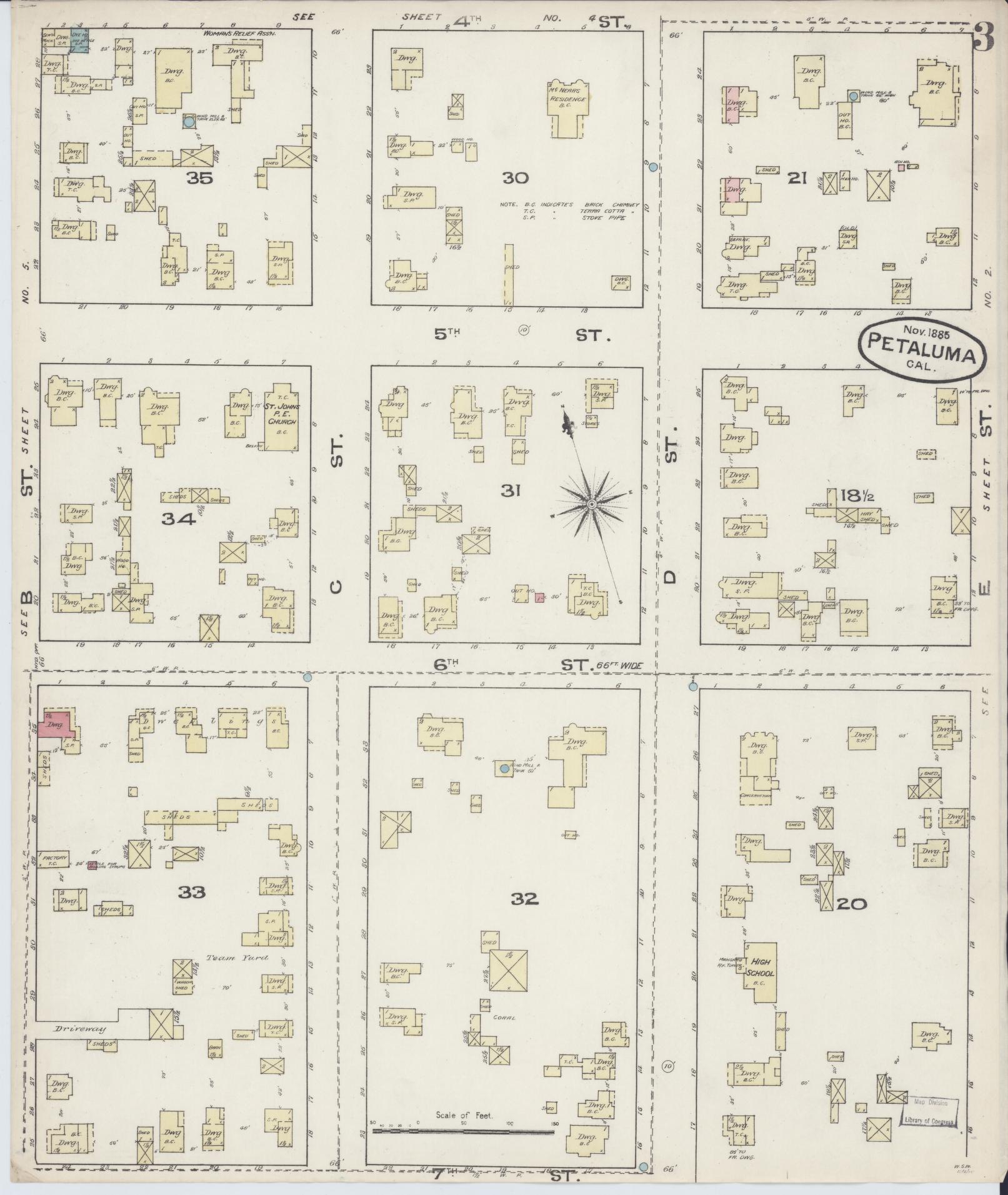 Sanborn Fire Insurance Map from Petaluma, Sonoma County, California (1885), Sheet #0003 - Complete Map Set gallery image, historic Sanborn map, vintage wall art, California California