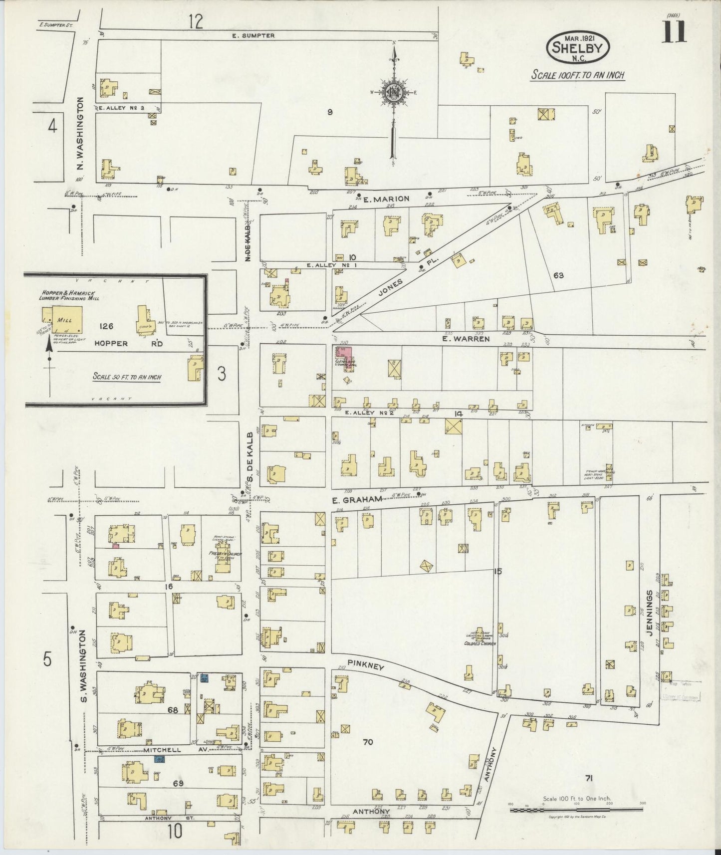 Sanborn Fire Insurance Map from Shelby, Cleveland County, North Carolina (1921), Sheet #0011 - Complete Map Set gallery image, historic Sanborn map, vintage wall art, North Carolina North Carolina