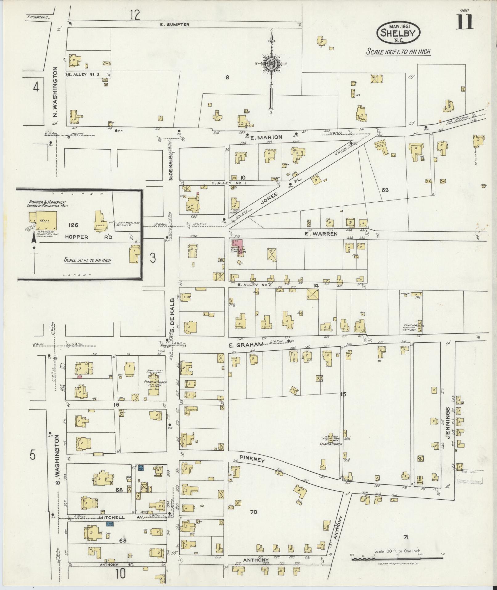 Sanborn Fire Insurance Map from Shelby, Cleveland County, North Carolina (1921), Sheet #0011 - Complete Map Set gallery image, historic Sanborn map, vintage wall art, North Carolina North Carolina