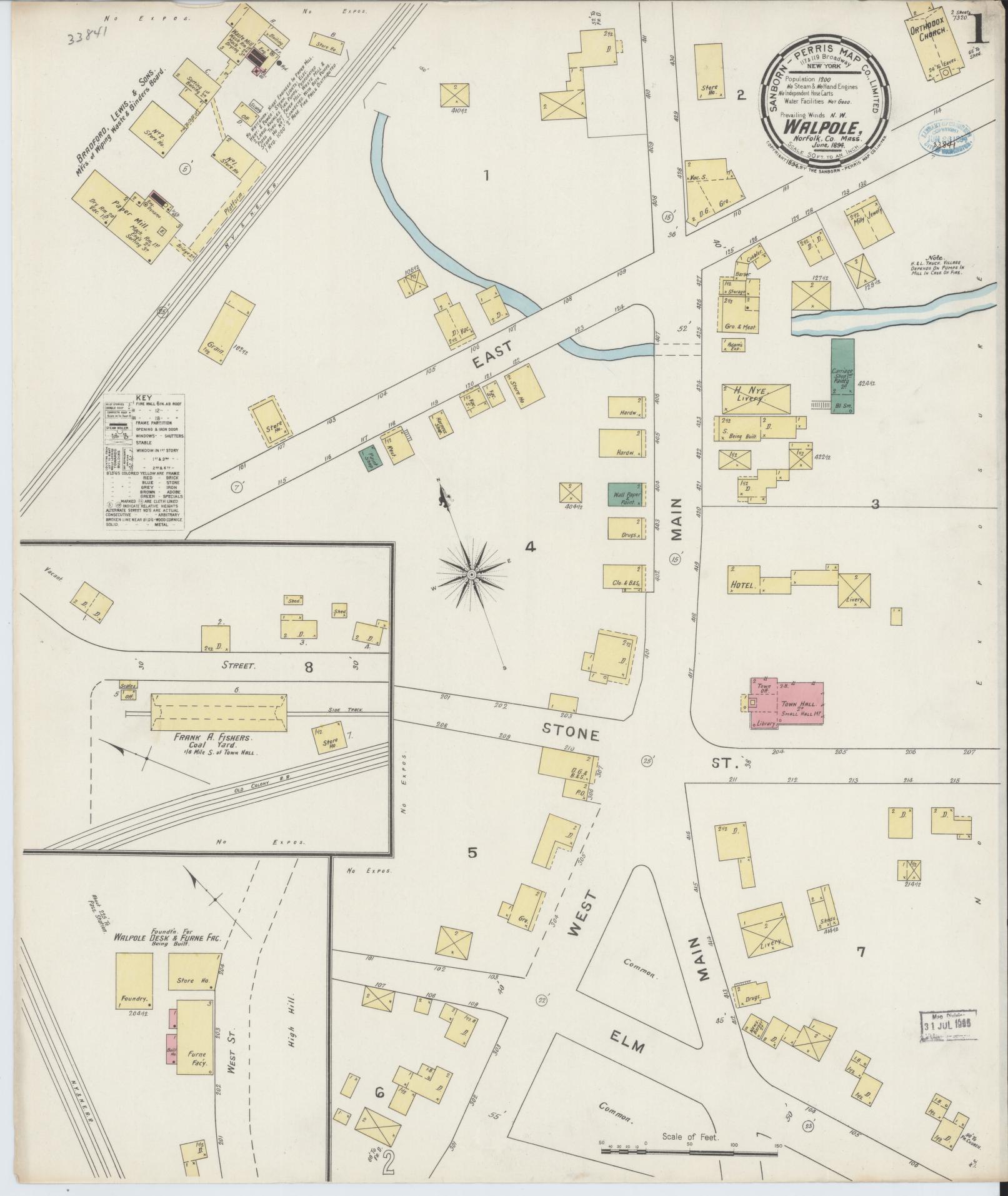Sanborn Fire Insurance Map from Walpole, Norfolk County, Massachusetts (1894), Sheet #0001 - Complete Map Set gallery image, historic Sanborn map, vintage wall art, Massachusetts Massachusetts