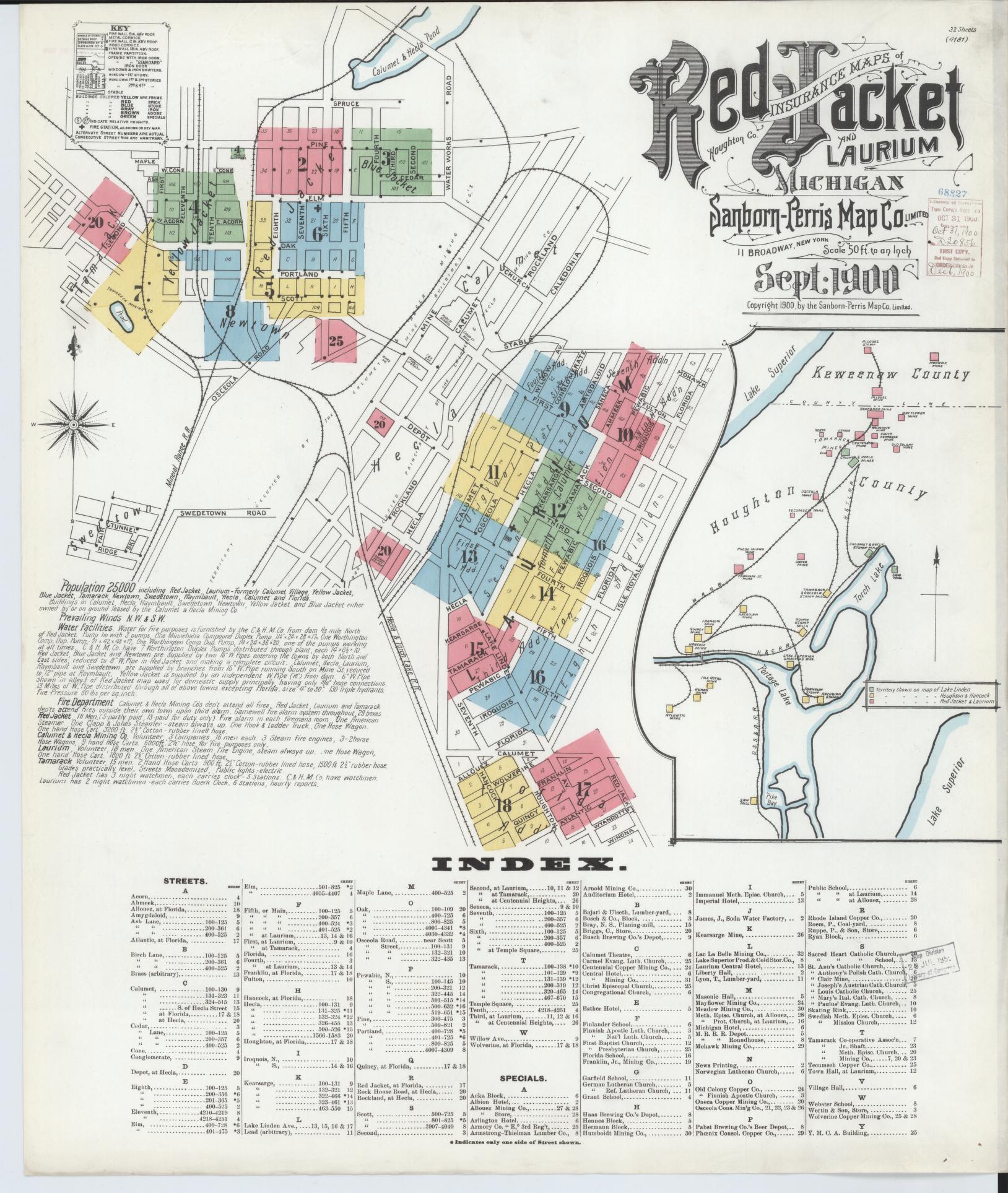 Sanborn Fire Insurance Map from Red Jacket, Houghton County, Michigan (1900), Sheet #0001 - Complete Map Set gallery image, historic Sanborn map, vintage wall art, Michigan Michigan