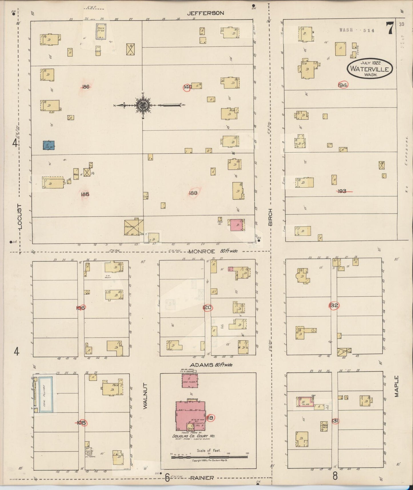 Sanborn Fire Insurance Map from Waterville, Douglas County, Washington (1942), Sheet #0007 - Historic Sanborn Fire Insurance Map Print, vintage old map wall art, antique decor, genealogy gift, Washington Washington map