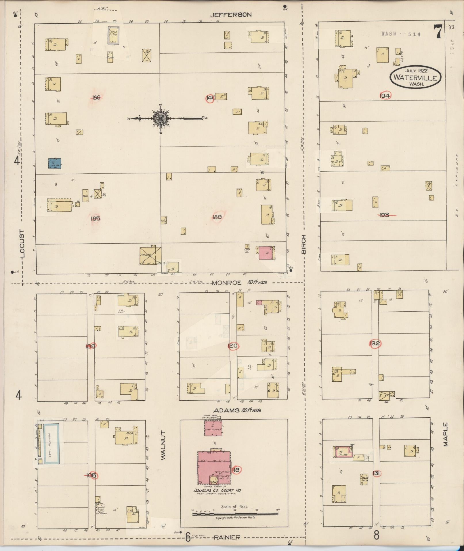 Sanborn Fire Insurance Map from Waterville, Douglas County, Washington (1942), Sheet #0007 - Historic Sanborn Fire Insurance Map Print, vintage old map wall art, antique decor, genealogy gift, Washington Washington map