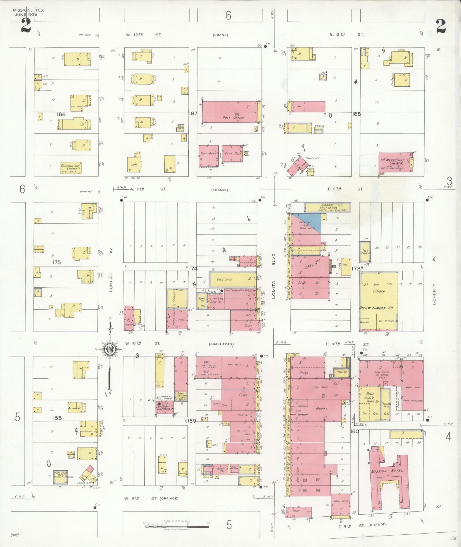 Sanborn Fire Insurance Map from Mission, Hidalgo County, Texas (1933), Sheet #0002 - Historic Sanborn Fire Insurance Map Print, vintage old map wall art, antique decor, genealogy gift, Texas Texas map