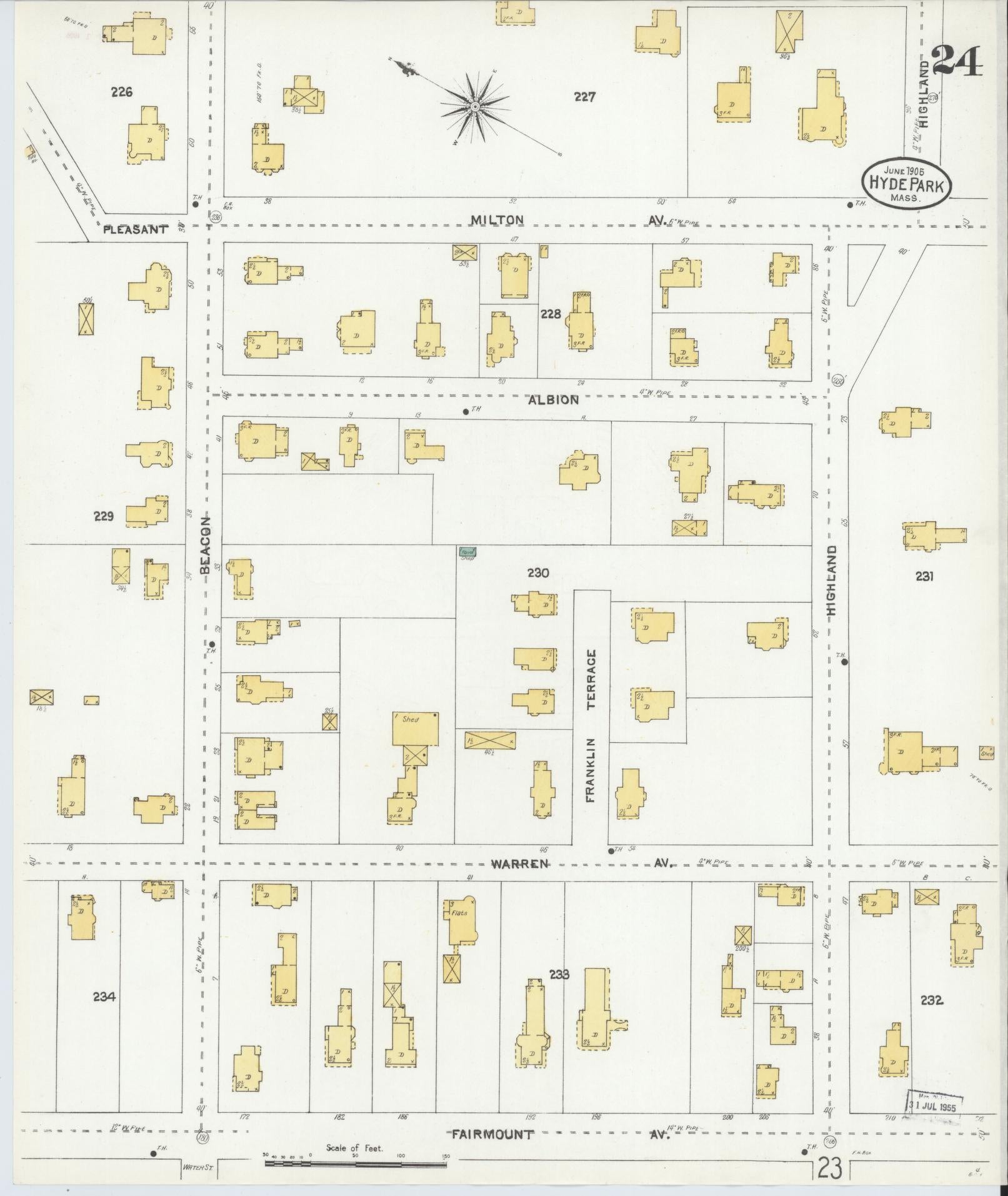 Sanborn Fire Insurance Map from Hyde Park, Norfolk County, Massachusetts (1905), Sheet #0024 - Historic Sanborn Fire Insurance Map Print, vintage old map wall art, antique decor, genealogy gift, Massachusetts Massachusetts map