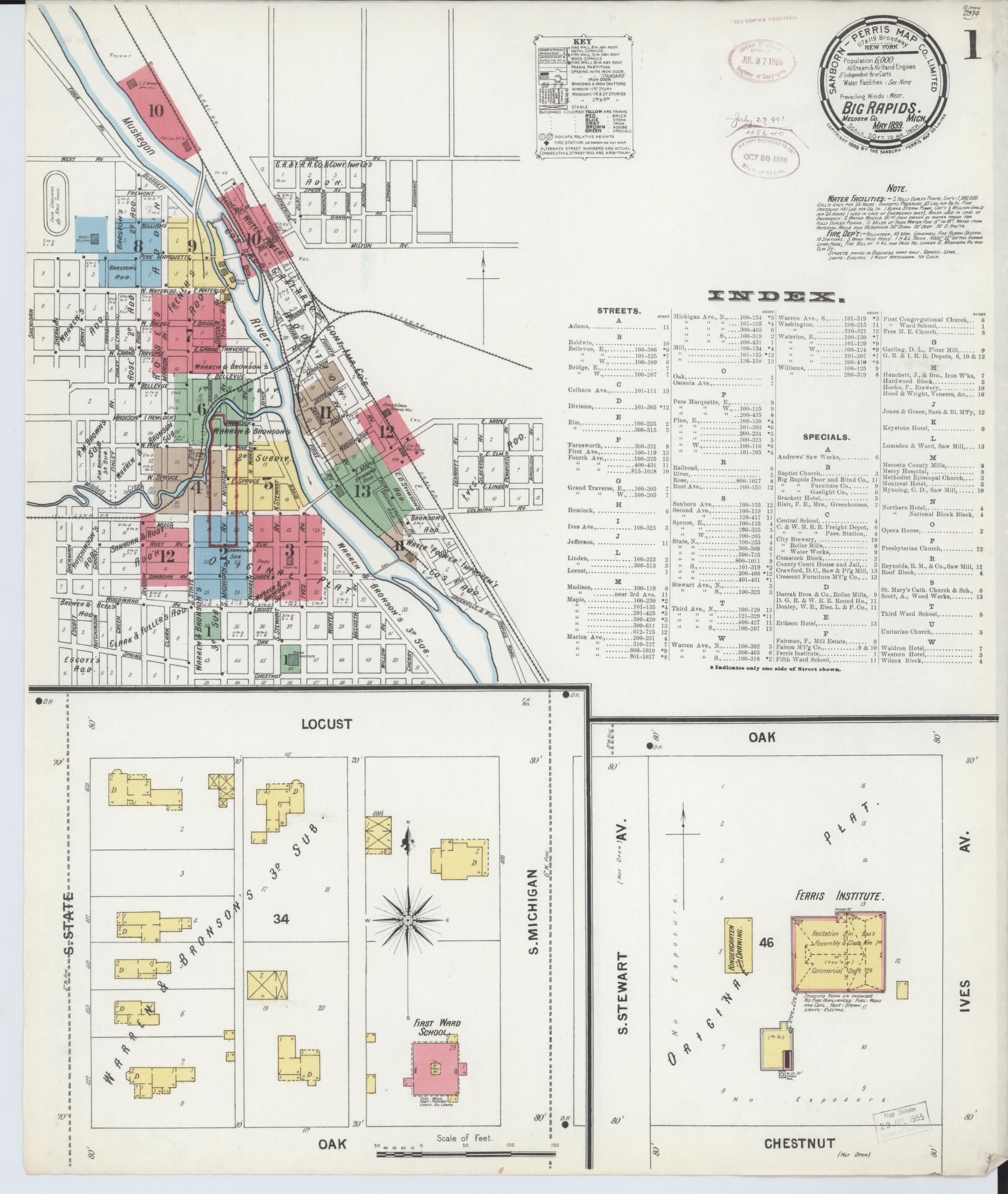 Sanborn Fire Insurance Map from Big Rapids, Mecosta County, Michigan (1899), Sheet #0001 - Historic Sanborn Fire Insurance Map Print, vintage old map wall art, antique decor, genealogy gift, Michigan Michigan map