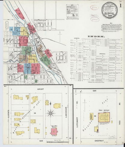Sanborn Fire Insurance Map from Big Rapids, Mecosta County, Michigan (1899), Sheet #0001 - Historic Sanborn Fire Insurance Map Print, vintage old map wall art, antique decor, genealogy gift, Michigan Michigan map