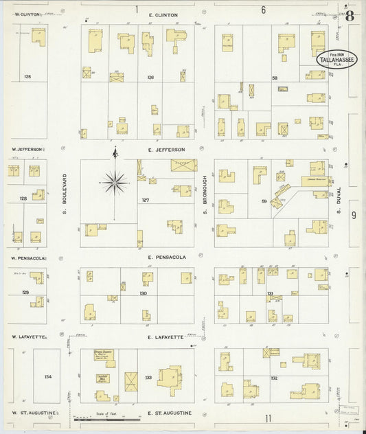 Sanborn Fire Insurance Map from Tallahassee, Leon County, Florida (1909), Sheet #0008 - Historic Sanborn Fire Insurance Map Print, vintage old map wall art, antique decor, genealogy gift, Florida Florida map