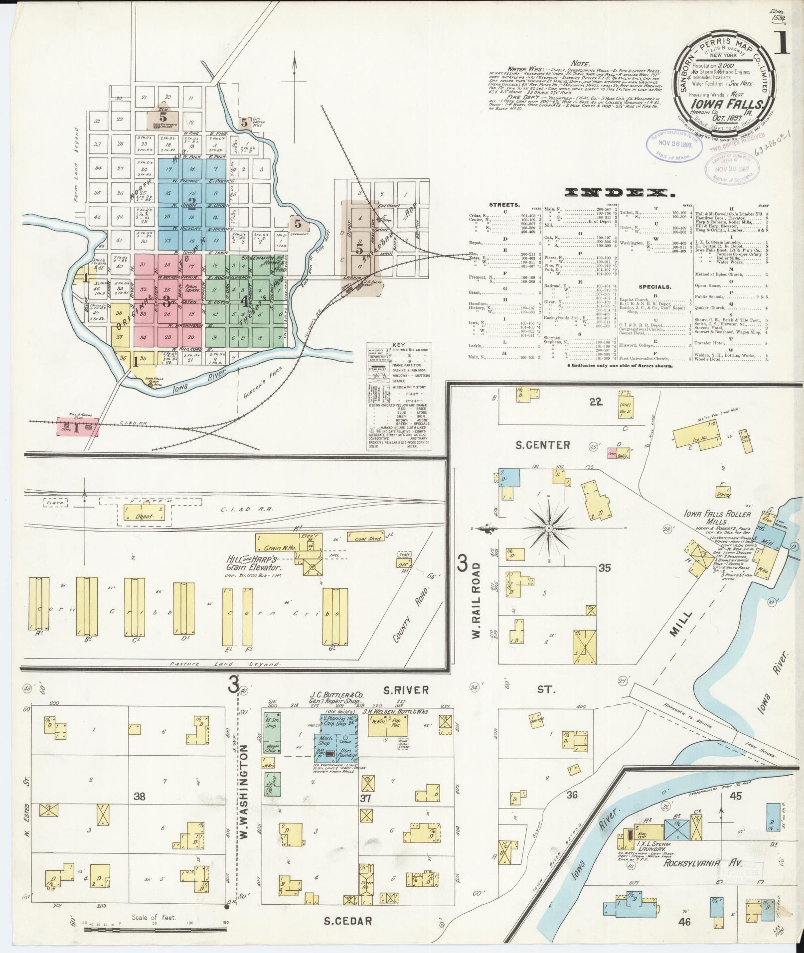Sanborn Fire Insurance Map from Iowa Falls, Hardin County, Iowa (1897), Sheet #0001 - Historic Sanborn Fire Insurance Map Print, vintage old map wall art