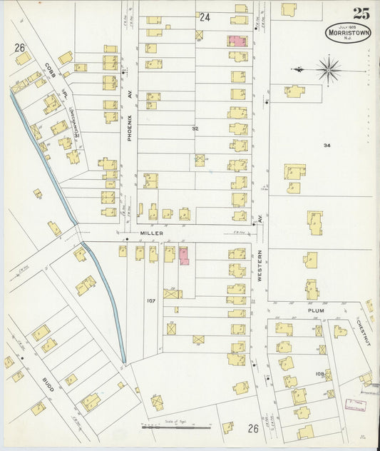 Sanborn Fire Insurance Map from Morristown, Morris County, New Jersey (1909), Sheet #0025 - Historic Sanborn Fire Insurance Map Print, vintage old map wall art, antique decor, genealogy gift, New Jersey New Jersey map
