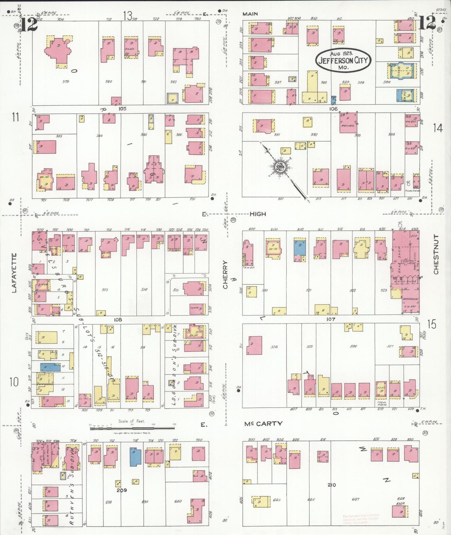 Sanborn Fire Insurance Map from Jefferson City, Cole County, Missouri (1923), Sheet #0012 - Historic Sanborn Fire Insurance Map Print, vintage old map wall art, antique decor, genealogy gift, Missouri Missouri map
