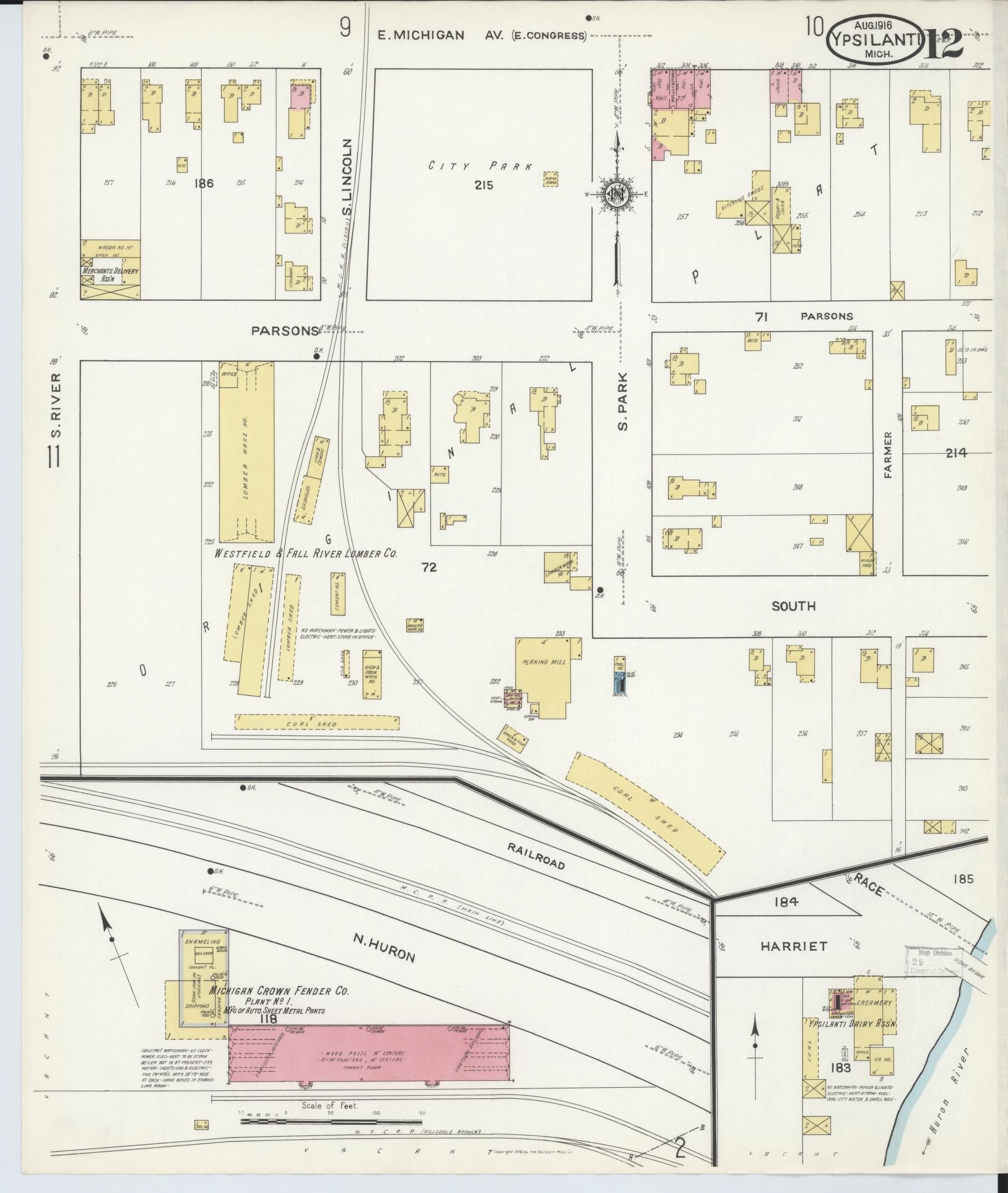 Sanborn Fire Insurance Map from Ypsilanti, Washtenaw County, Michigan (1916), Sheet #0012 - Complete Map Set gallery image, historic Sanborn map, vintage wall art, Michigan Michigan