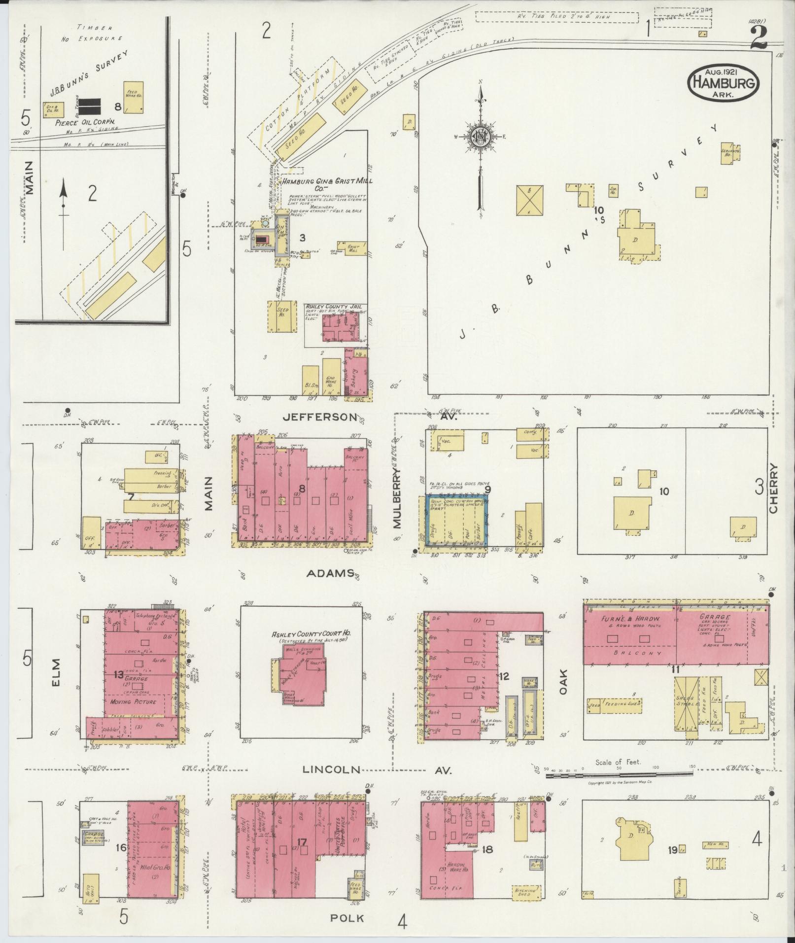 Sanborn Fire Insurance Map from Hamburg, Ashley County, Arkansas (1921), Sheet #0002 - Complete Map Set gallery image, historic Sanborn map, vintage wall art, Arkansas Arkansas