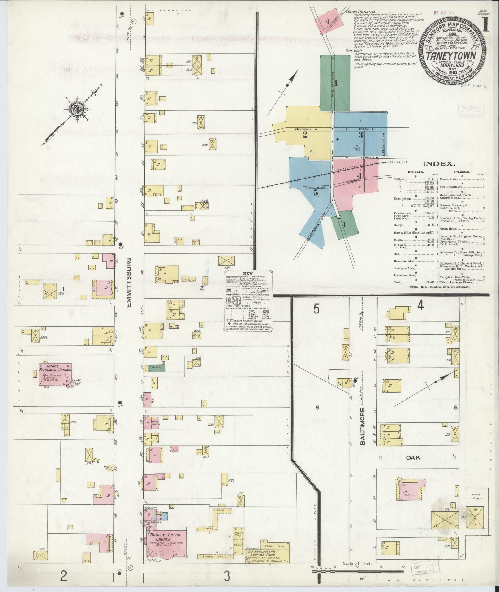 Sanborn Fire Insurance Map from Taneytown, Carroll County, Maryland (1910), Sheet #0001 - Historic Sanborn Fire Insurance Map Print, vintage old map wall art, antique decor, genealogy gift, Maryland Maryland map