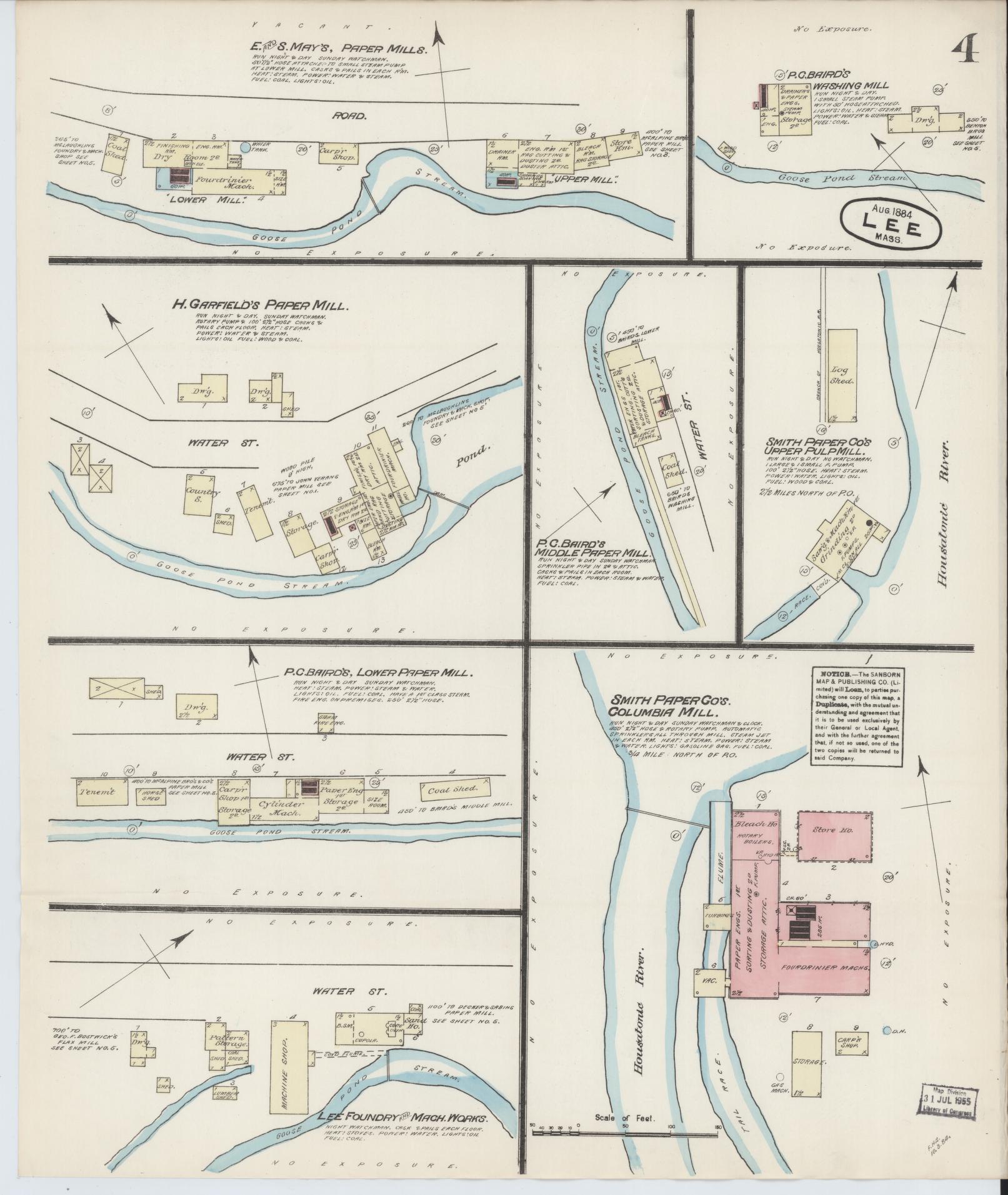 Sanborn Fire Insurance Map from Lee, Berkshire County, Massachusetts (1884), Sheet #0004 - Historic Sanborn Fire Insurance Map Print, vintage old map wall art, antique decor, genealogy gift, Massachusetts Massachusetts map