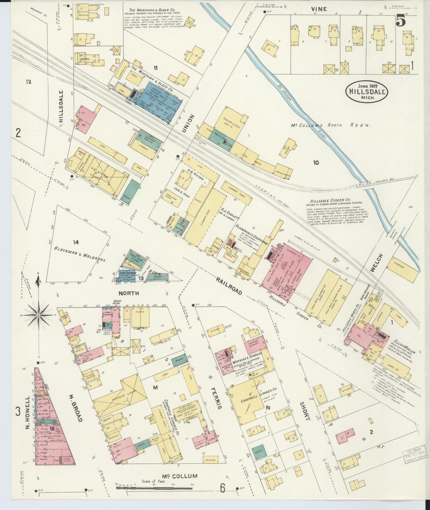 Sanborn Fire Insurance Map from Hillsdale, Hillsdale County, Michigan (1907), Sheet #0005 - Historic Sanborn Fire Insurance Map Print, vintage old map wall art, antique decor, genealogy gift, Michigan Michigan map