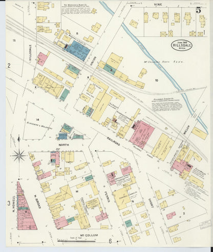 Sanborn Fire Insurance Map from Hillsdale, Hillsdale County, Michigan (1907), Sheet #0005 - Historic Sanborn Fire Insurance Map Print, vintage old map wall art, antique decor, genealogy gift, Michigan Michigan map