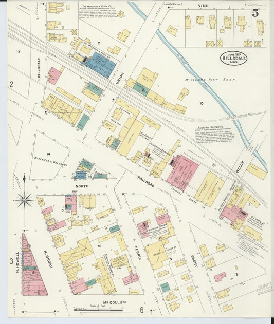 Sanborn Fire Insurance Map from Hillsdale, Hillsdale County, Michigan (1907), Sheet #0005 - Historic Sanborn Fire Insurance Map Print, vintage old map wall art, antique decor, genealogy gift, Michigan Michigan map