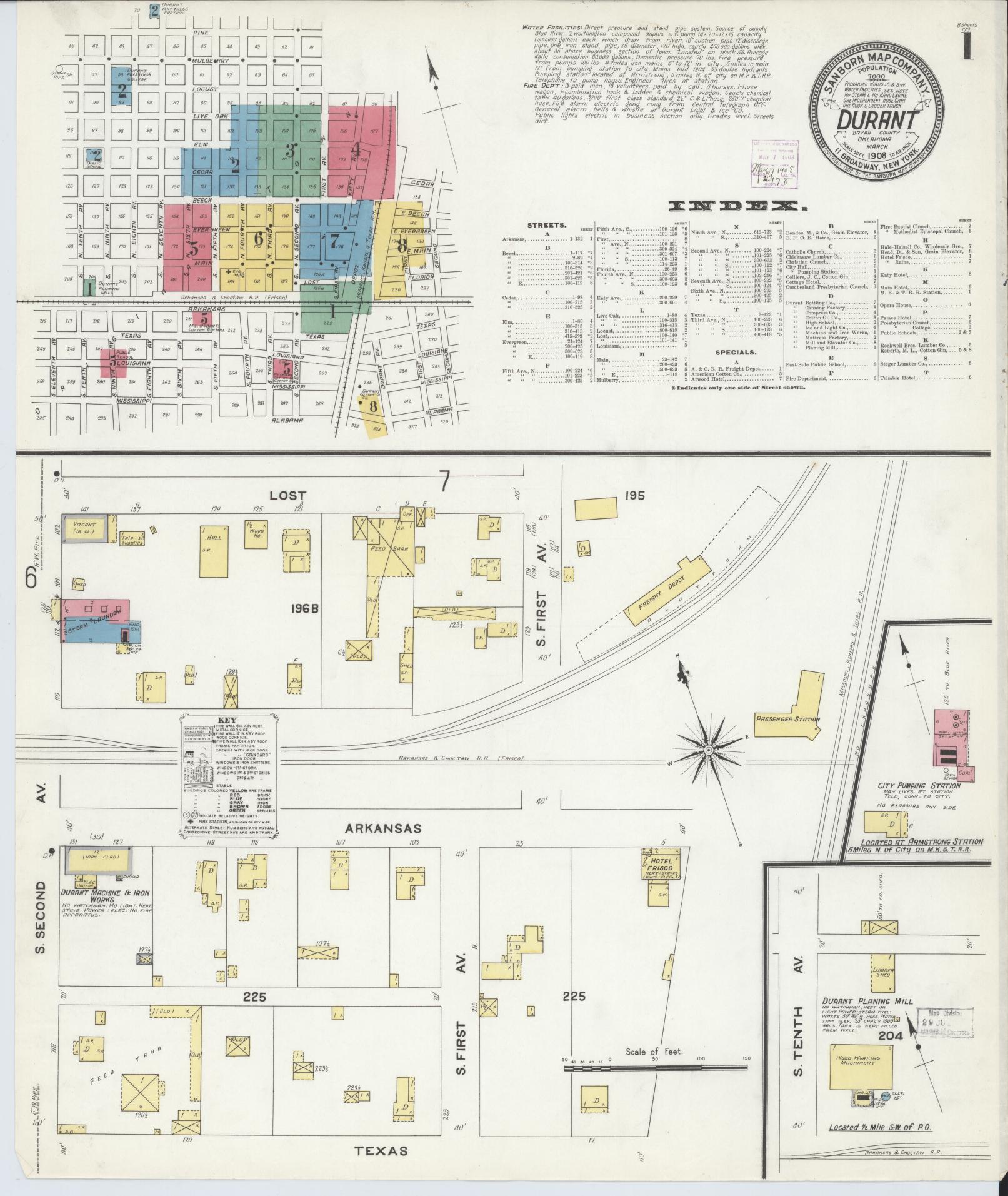 Sanborn Fire Insurance Map from Durant, Bryan County, Oklahoma (1908), Sheet #0001 - Historic Sanborn Fire Insurance Map Print, vintage old map wall art, antique decor, genealogy gift, Oklahoma Oklahoma map