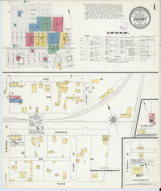 Sanborn Fire Insurance Map from Durant, Bryan County, Oklahoma (1908), Sheet #0001 - Historic Sanborn Fire Insurance Map Print, vintage old map wall art, antique decor, genealogy gift, Oklahoma Oklahoma map
