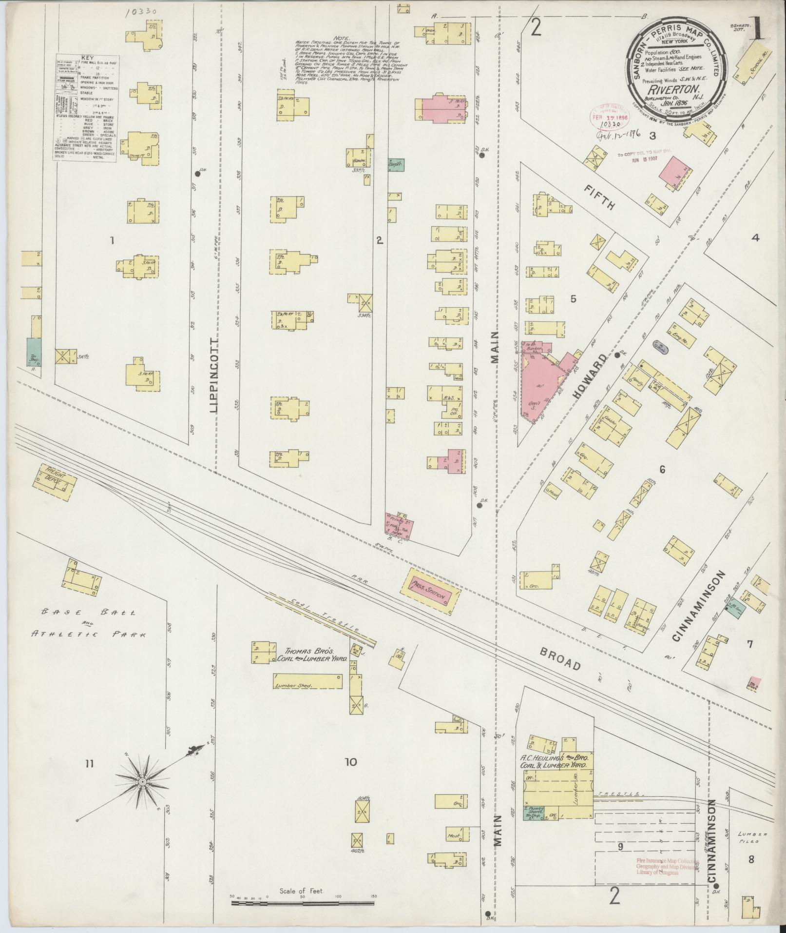 Sanborn Fire Insurance Map from Riverton, Burlington County, New Jersey. (1896) – Historic Sanborn Fire Insurance Map Print