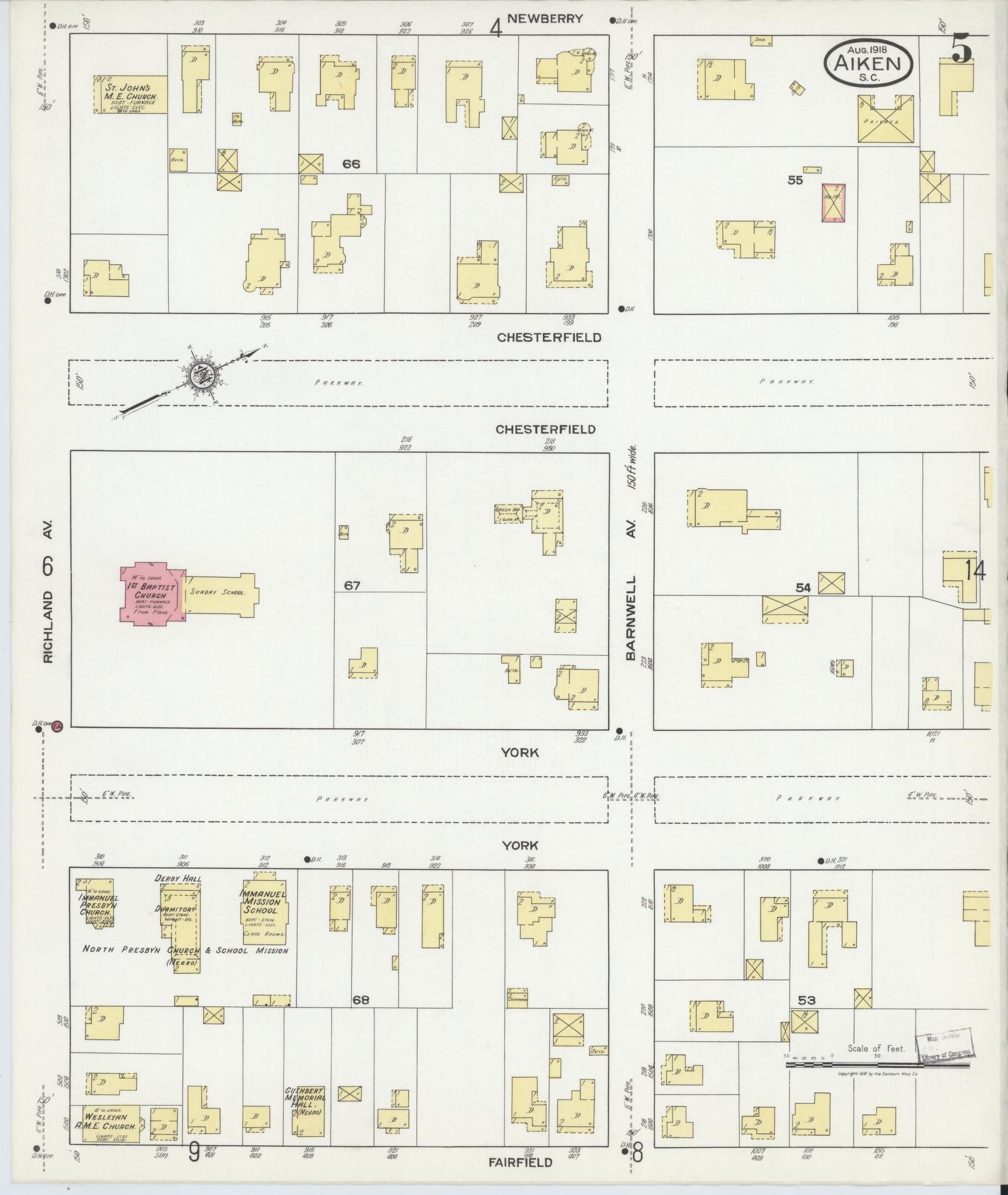 Sanborn Fire Insurance Map from Aiken, Aiken County, South Carolina (1918), Sheet #0005 - Historic Sanborn Fire Insurance Map Print, vintage old map wall art, antique decor, genealogy gift, South Carolina South Carolina map