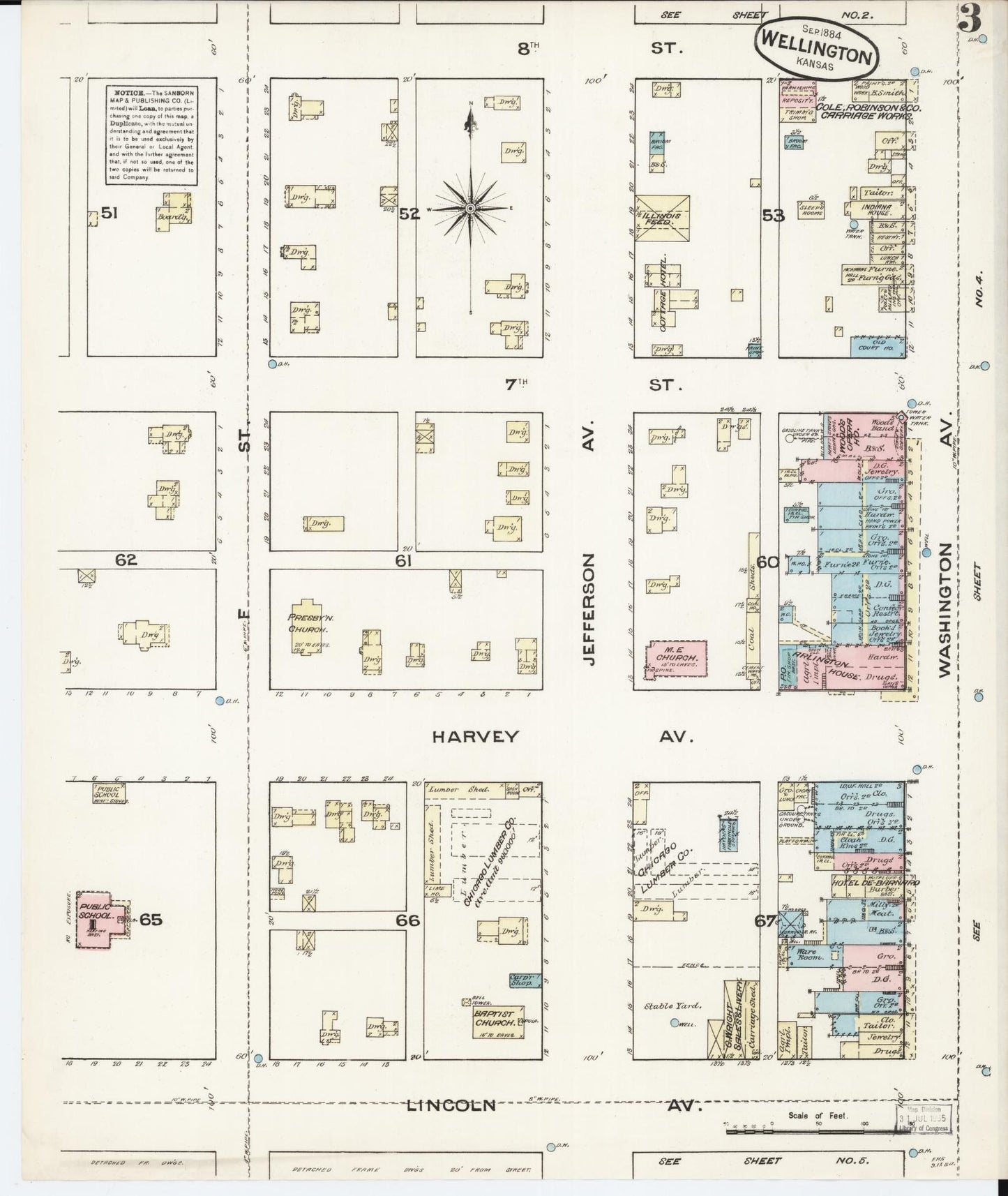 Sanborn Fire Insurance Map from Wellington, Sumner County, Kansas (1884), Sheet #0003 - Historic Sanborn Fire Insurance Map Print, vintage old map wall art, antique decor, genealogy gift, Kansas Kansas map